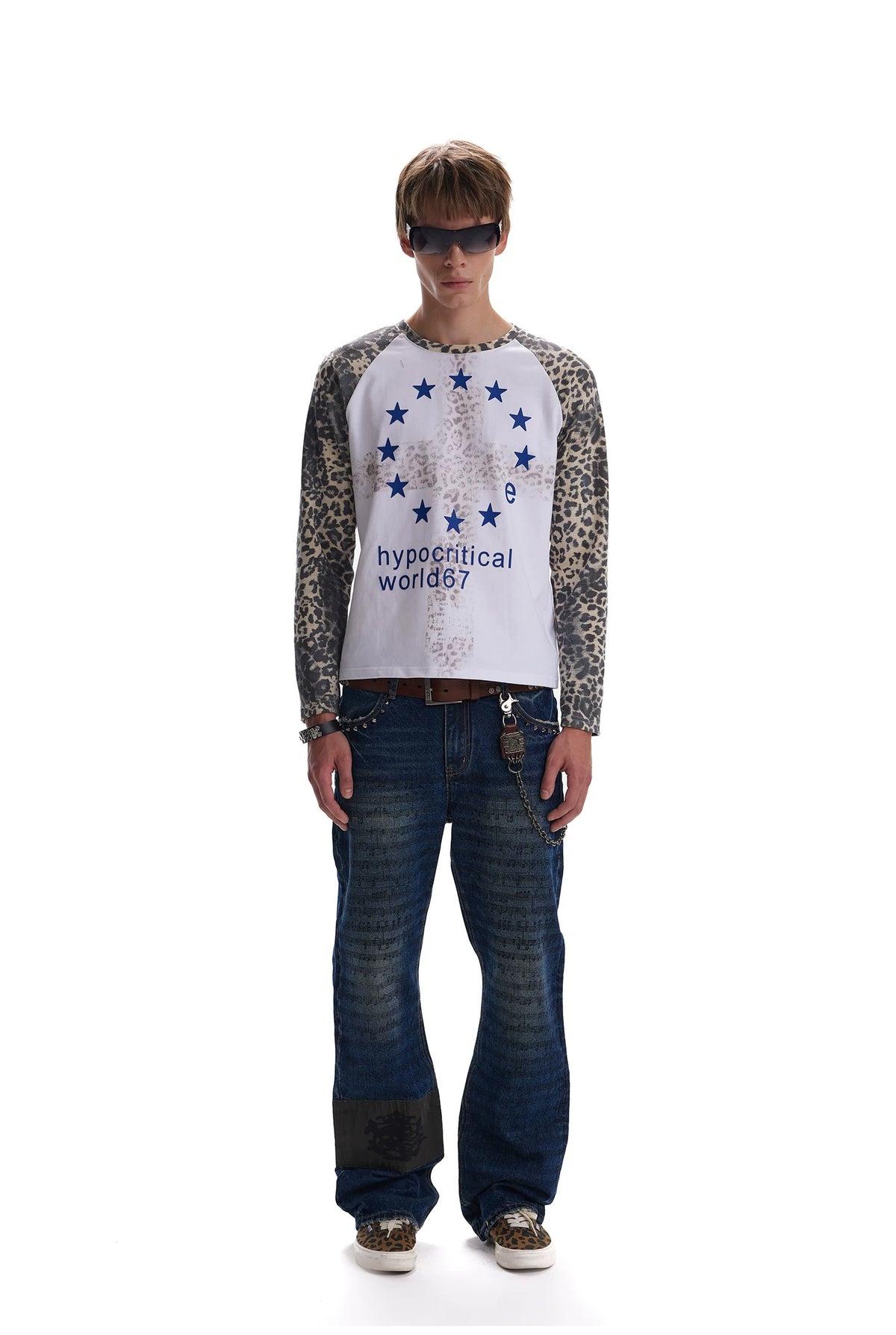 noEmosen Leopard Raglan Star Cross Long Sleeve Tee - Lookbook full-length