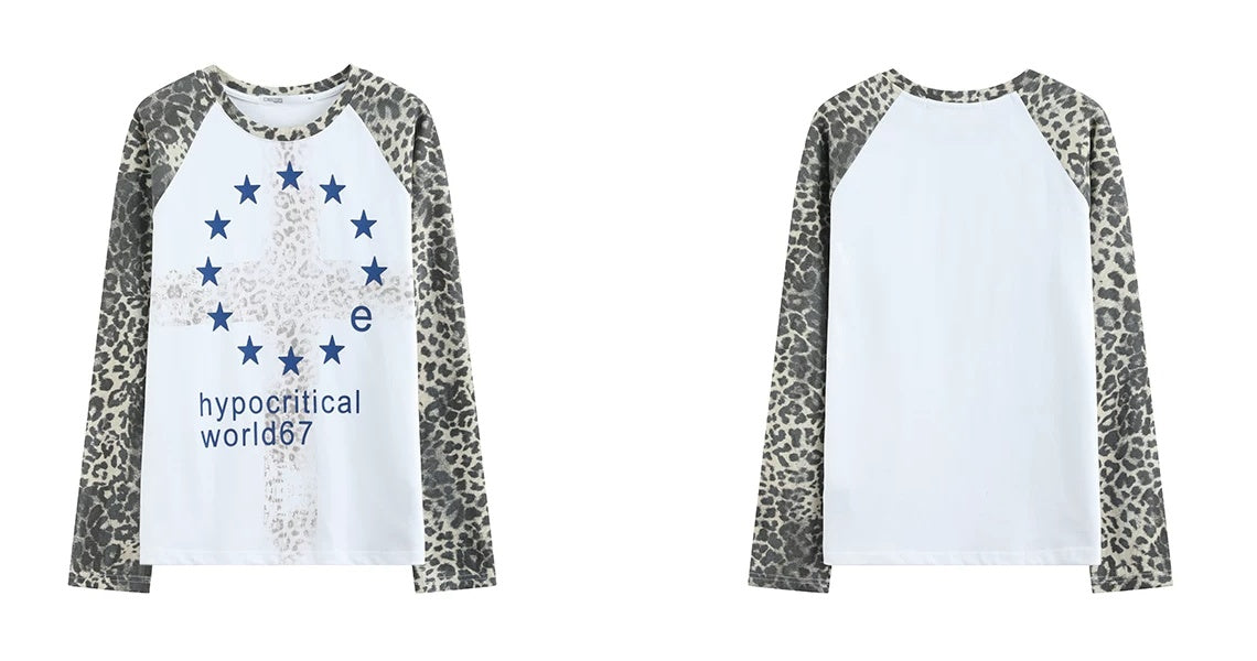 noEmosen Leopard Raglan Star Cross Long Sleeve Tee - Flat lay front and back