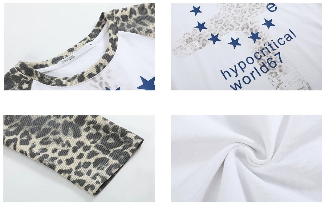 noEmosen Leopard Raglan Star Cross Long Sleeve Tee - Collar, print, sleeve and fabric details