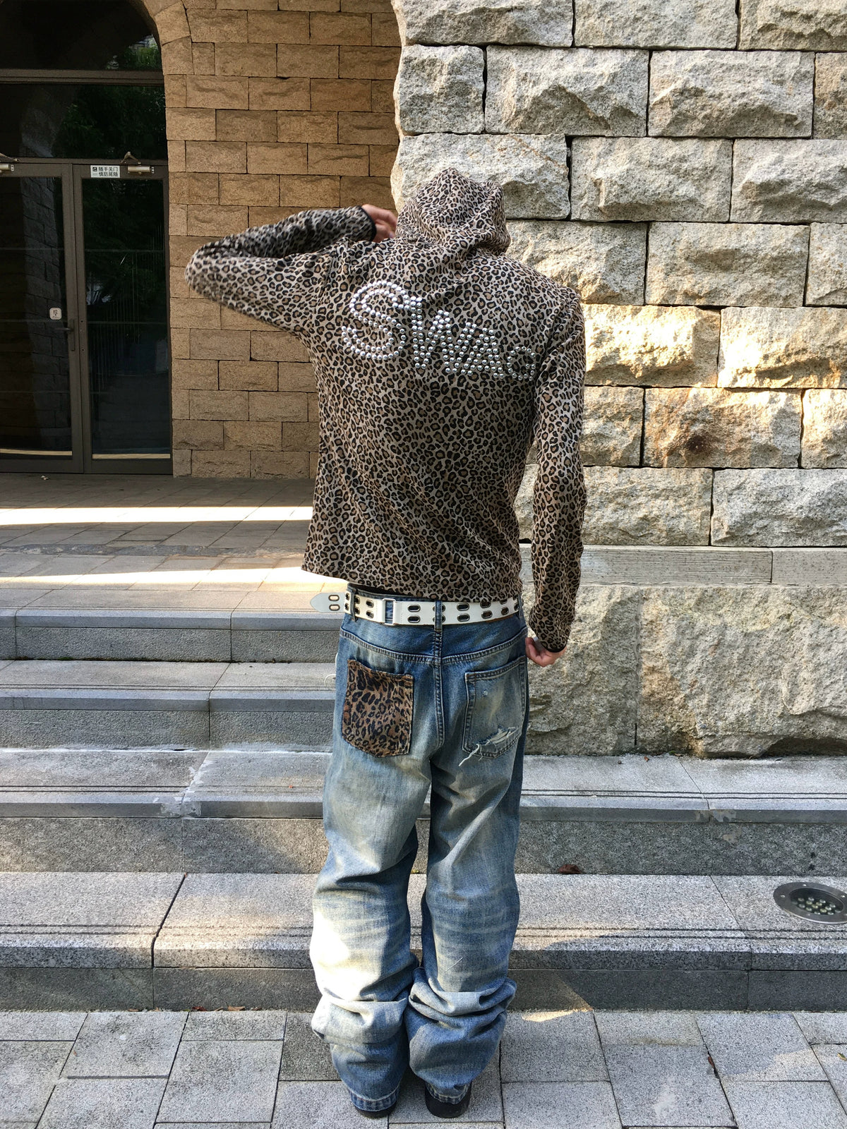 Leopard Studded Rhinestone SWAG Zip-Up Hoodie - Leopard back rhinestone SWAG