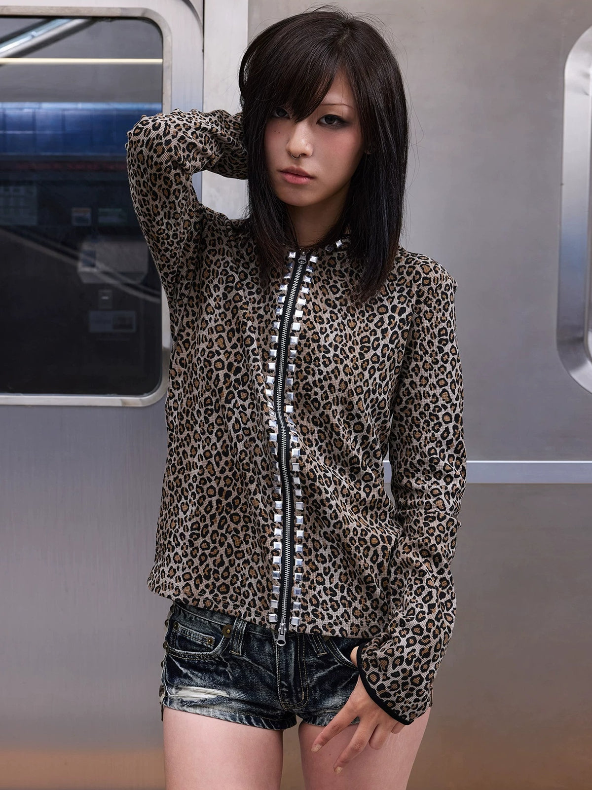 Leopard Studded Rhinestone SWAG Zip-Up Hoodie - Leopard front close-up