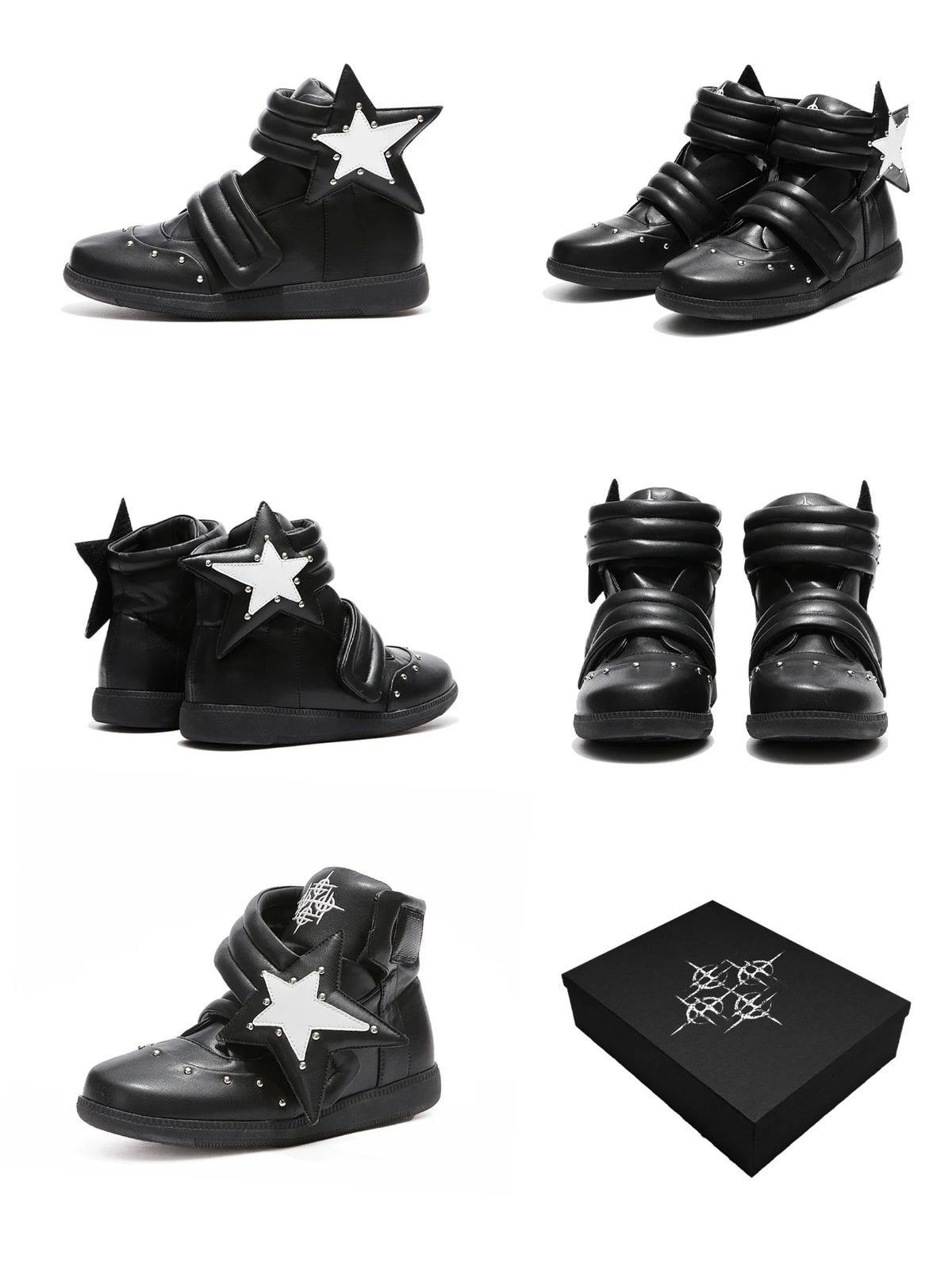 DETW Bootleg Star Studded Velcro High-Top Sneakers - Black multi-angle view with box