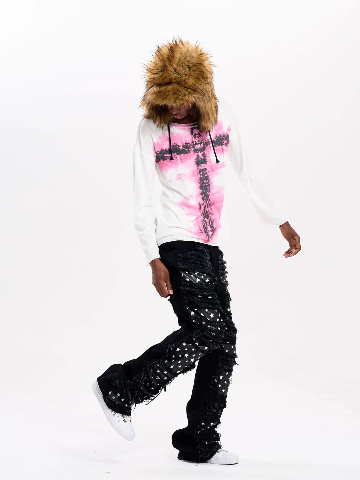 Fourth3ex Pink Cross Print Layered Long Sleeve Tee - full body side