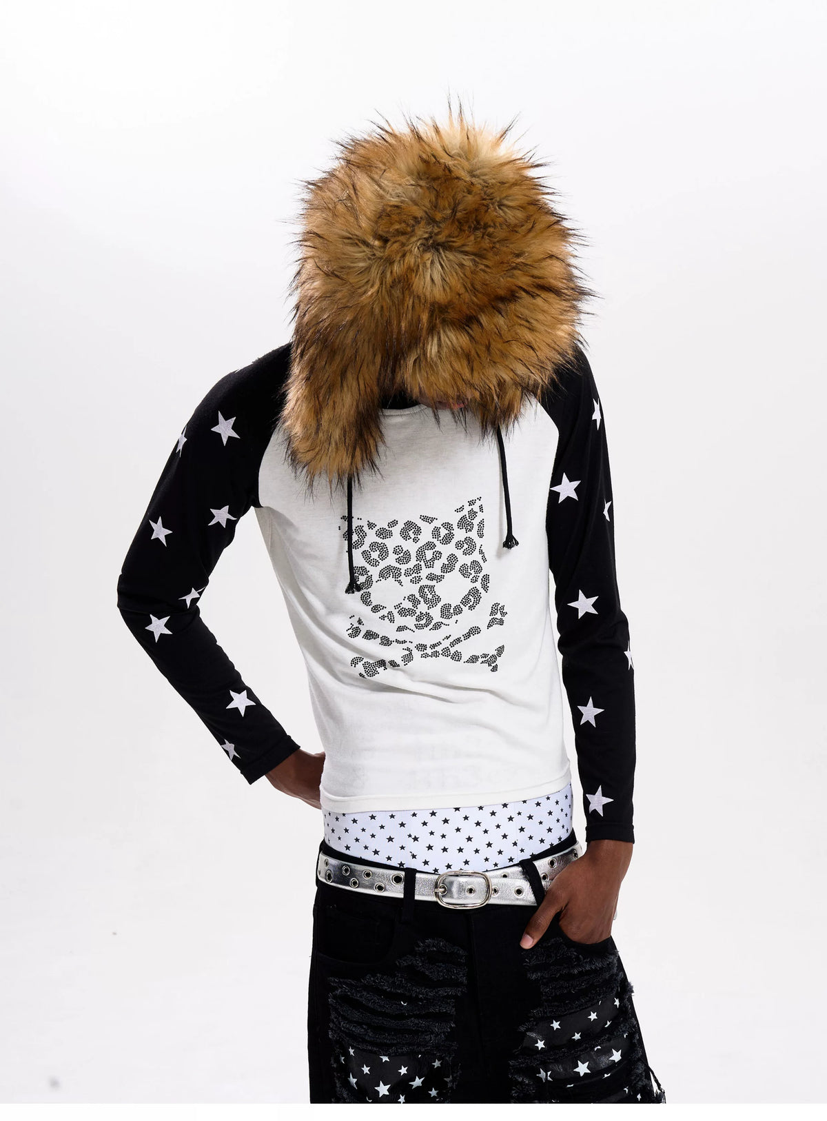 Fourth3ex Rhinestone Skull Cat Raglan Long Sleeve Tee - White side close-up