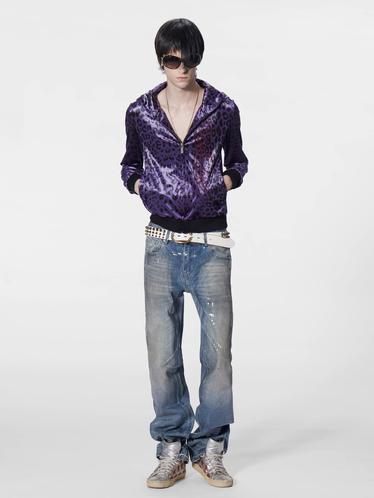 Sequin Dot Washed Straight Jeans - full look with purple jacket