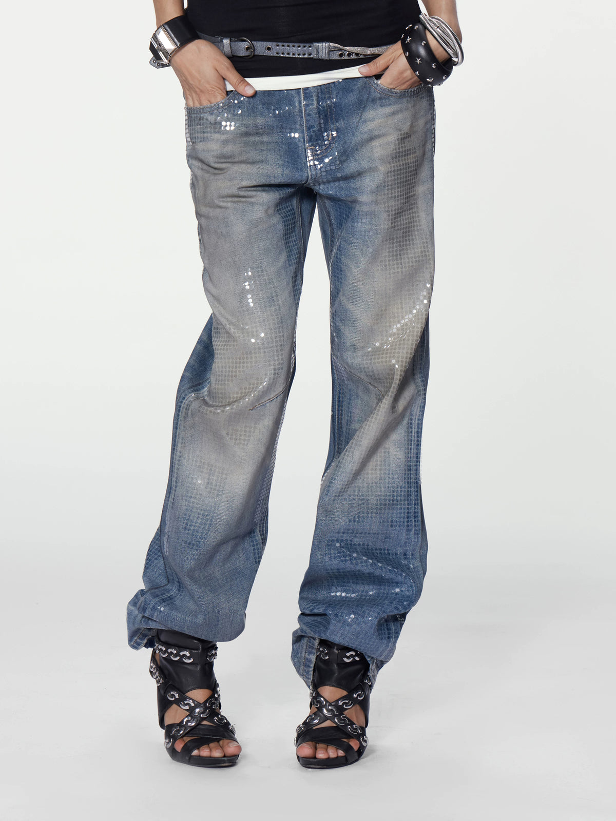 Sequin Dot Washed Straight Jeans - front close-up