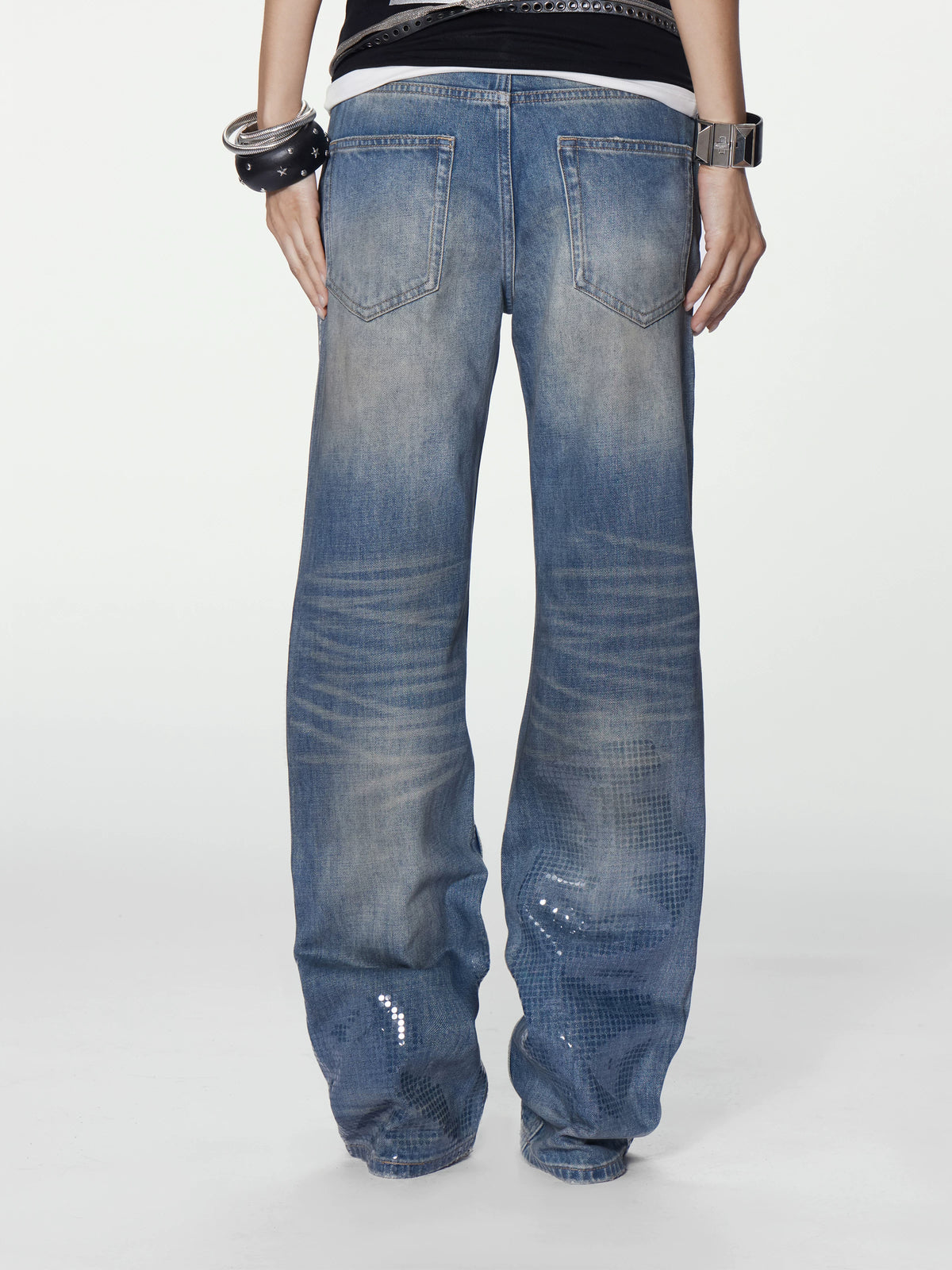 Sequin Dot Washed Straight Jeans - back view