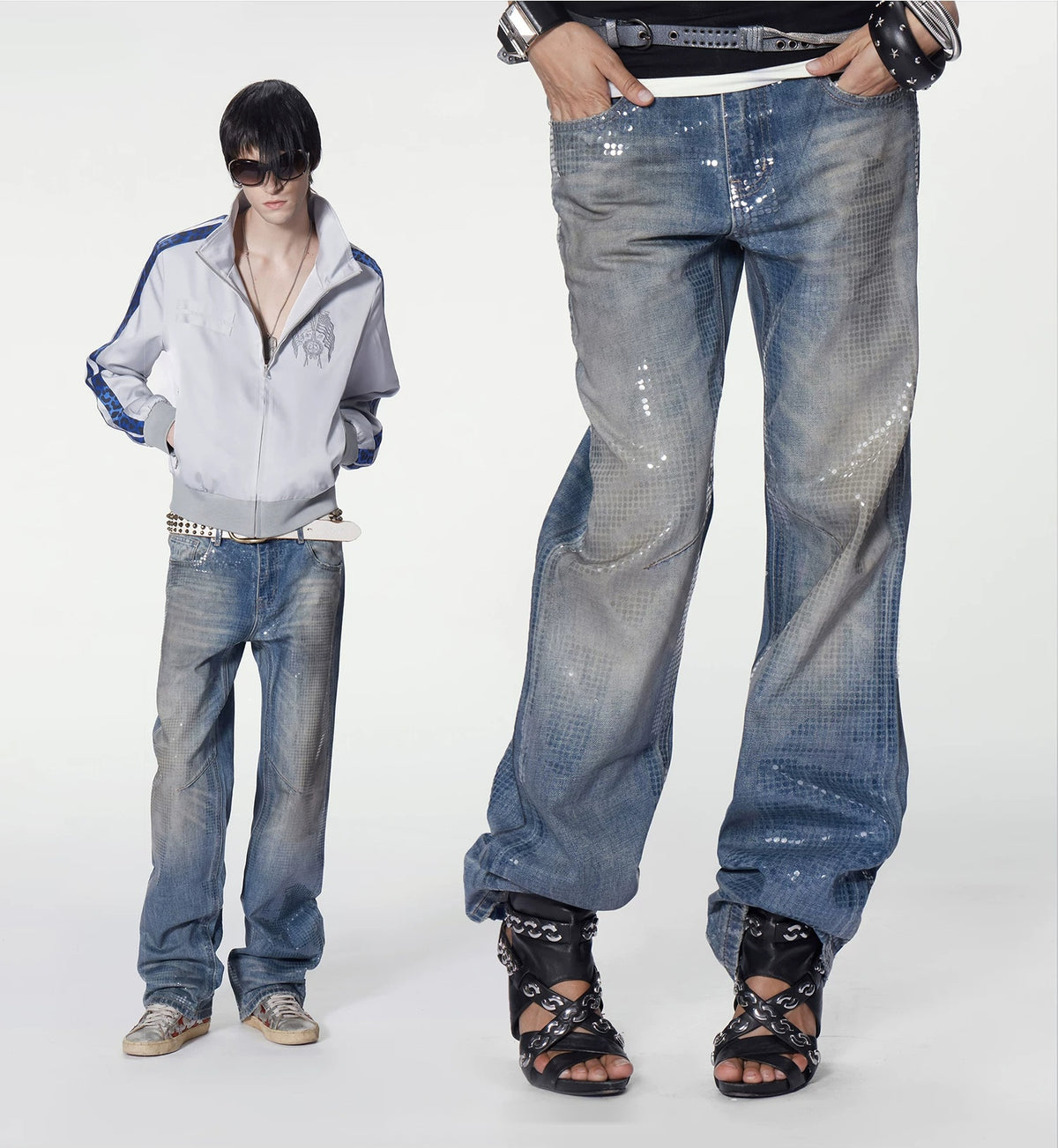 Sequin Dot Washed Straight Jeans - two-look styling