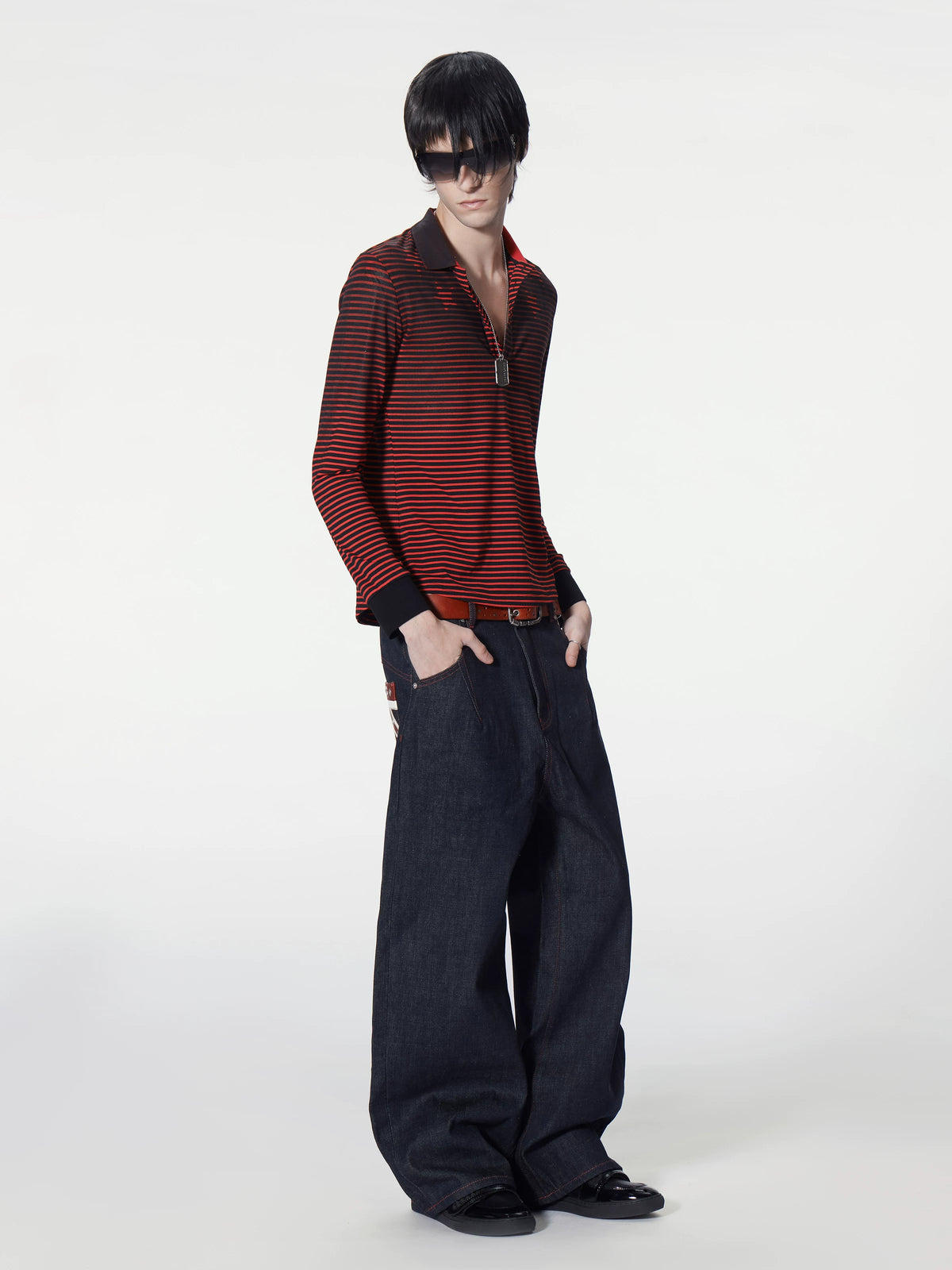 Union Jack Leather Patch Studded Baggy Raw Denim Jeans - side full look