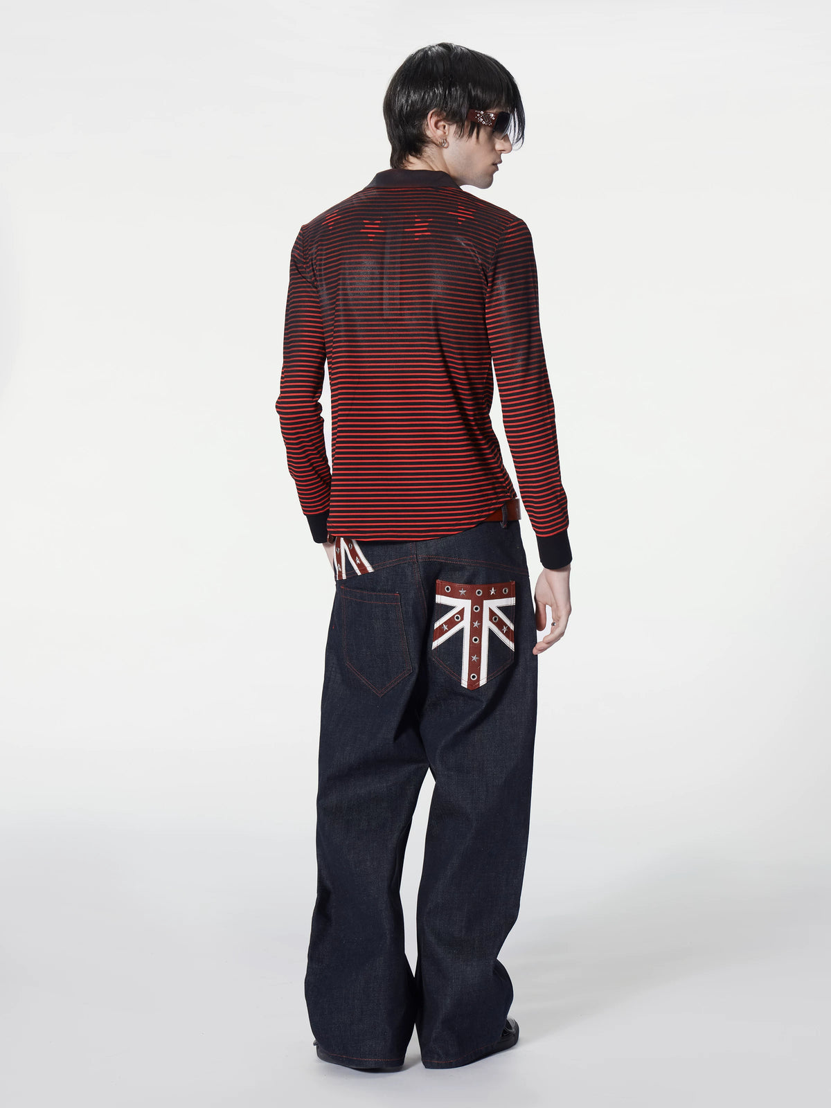 Union Jack Leather Patch Studded Baggy Raw Denim Jeans - back full look