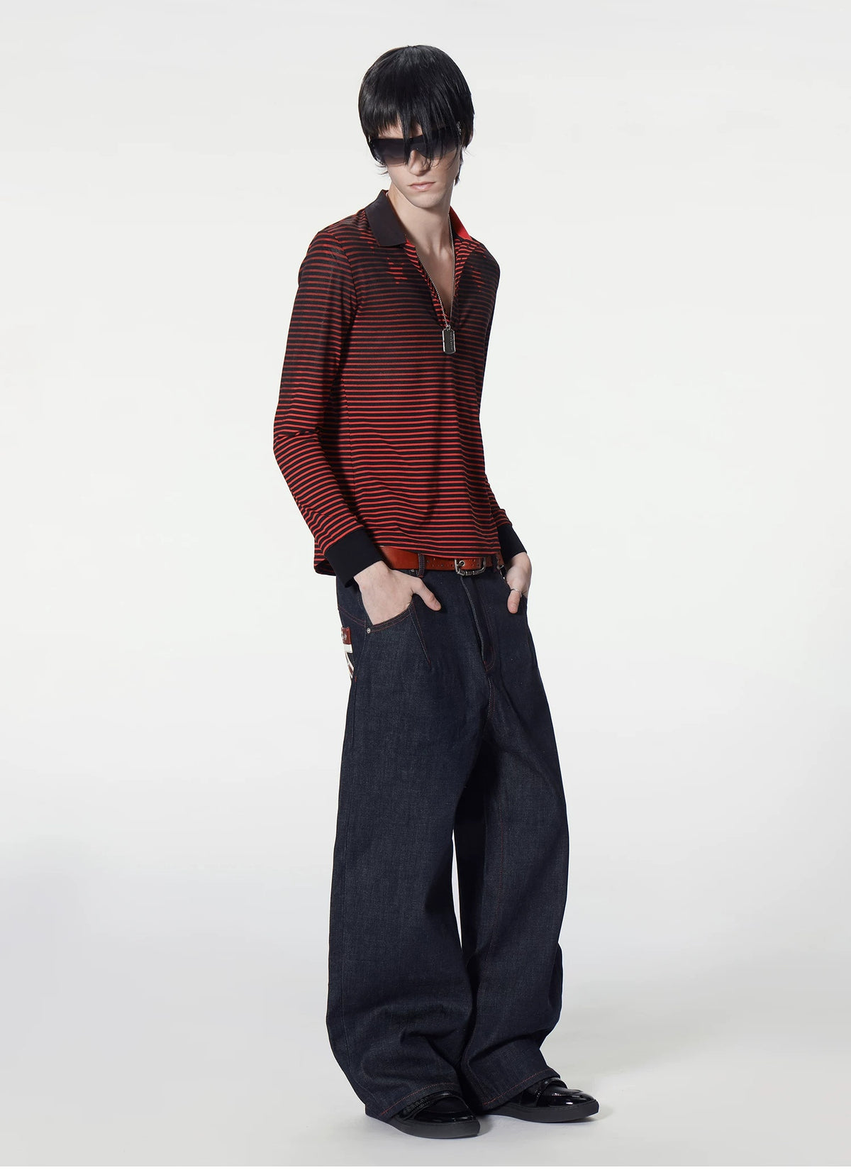 Union Jack Leather Patch Studded Baggy Raw Denim Jeans - side full look