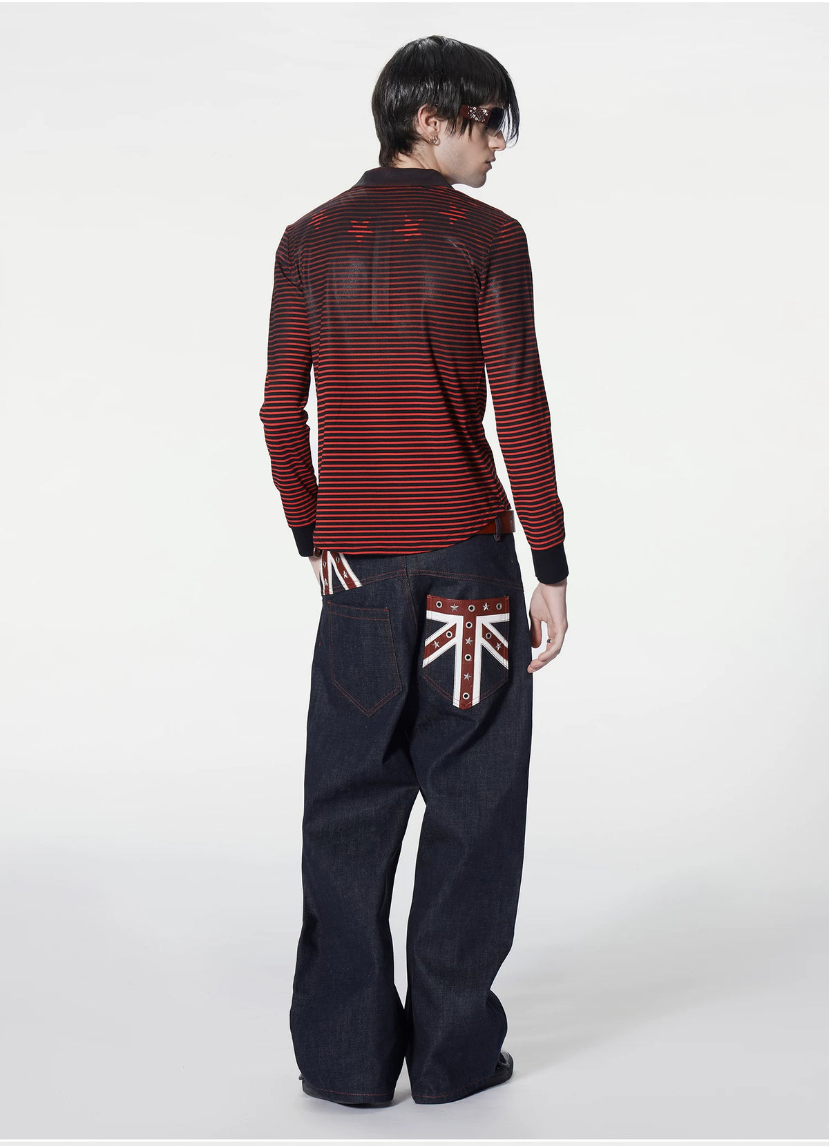 Union Jack Leather Patch Studded Baggy Raw Denim Jeans - back full look