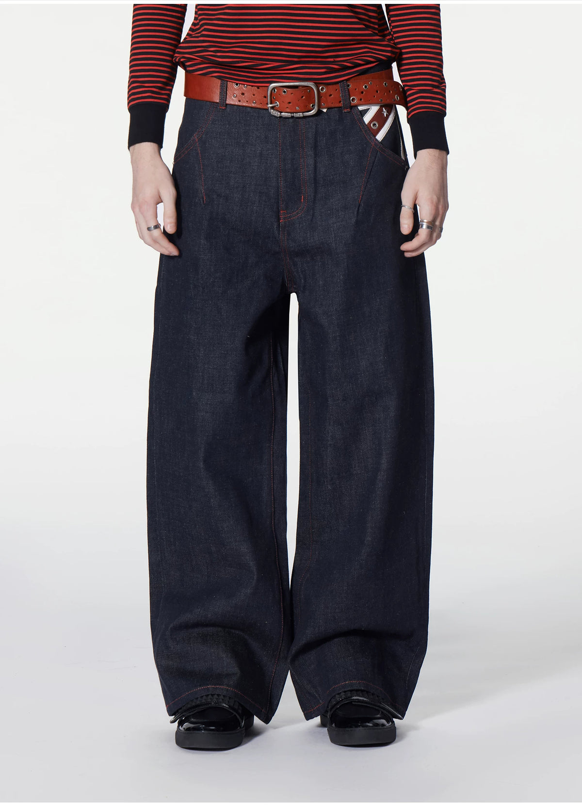 Union Jack Leather Patch Studded Baggy Raw Denim Jeans - front close-up