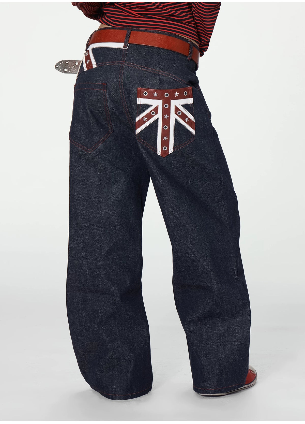 Union Jack Leather Patch Studded Baggy Raw Denim Jeans - back pocket Union Jack patch