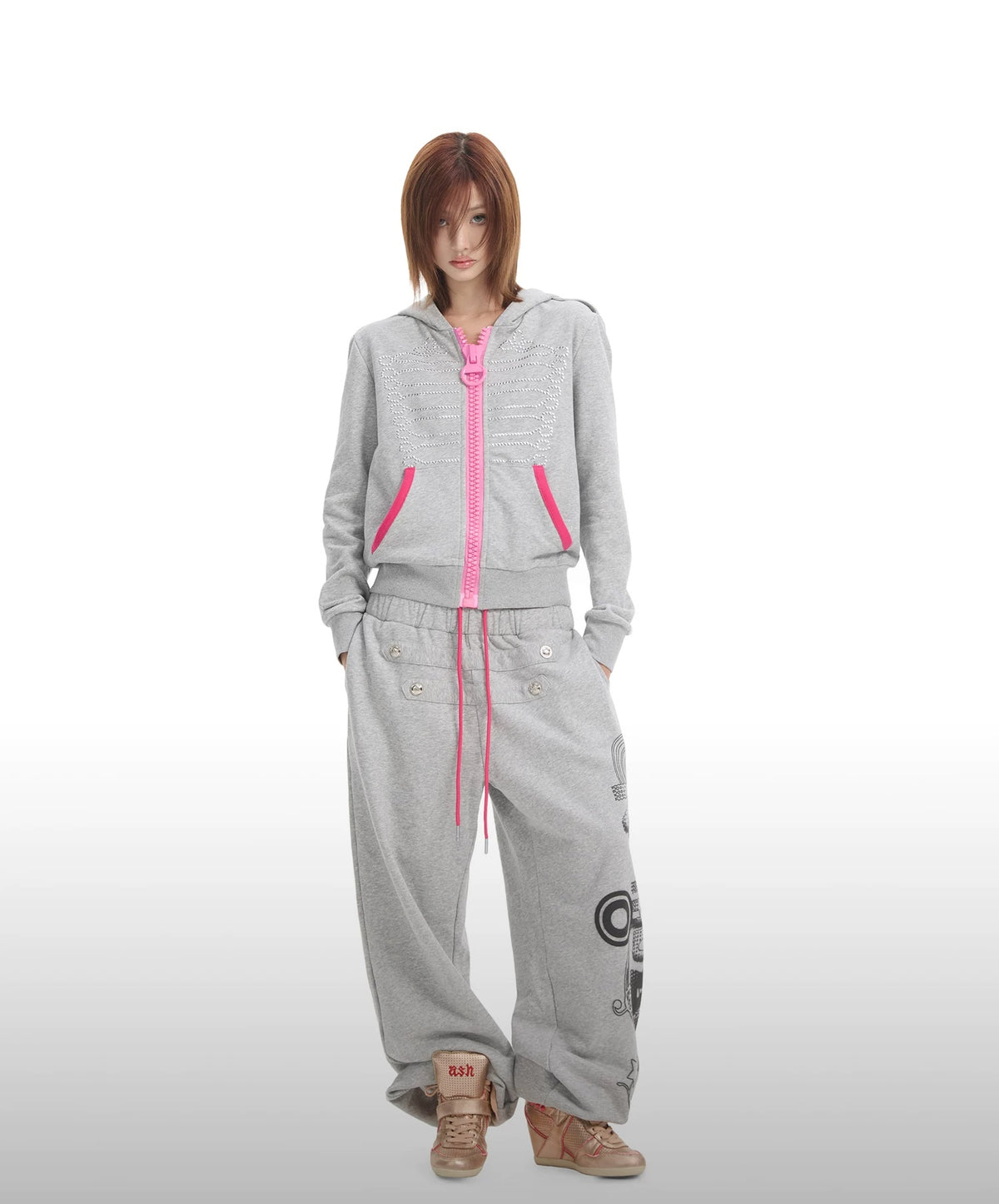NumbAsia Studded Hussar Pink Jumbo Zip Hoodie - Heather Grey full outfit styling
