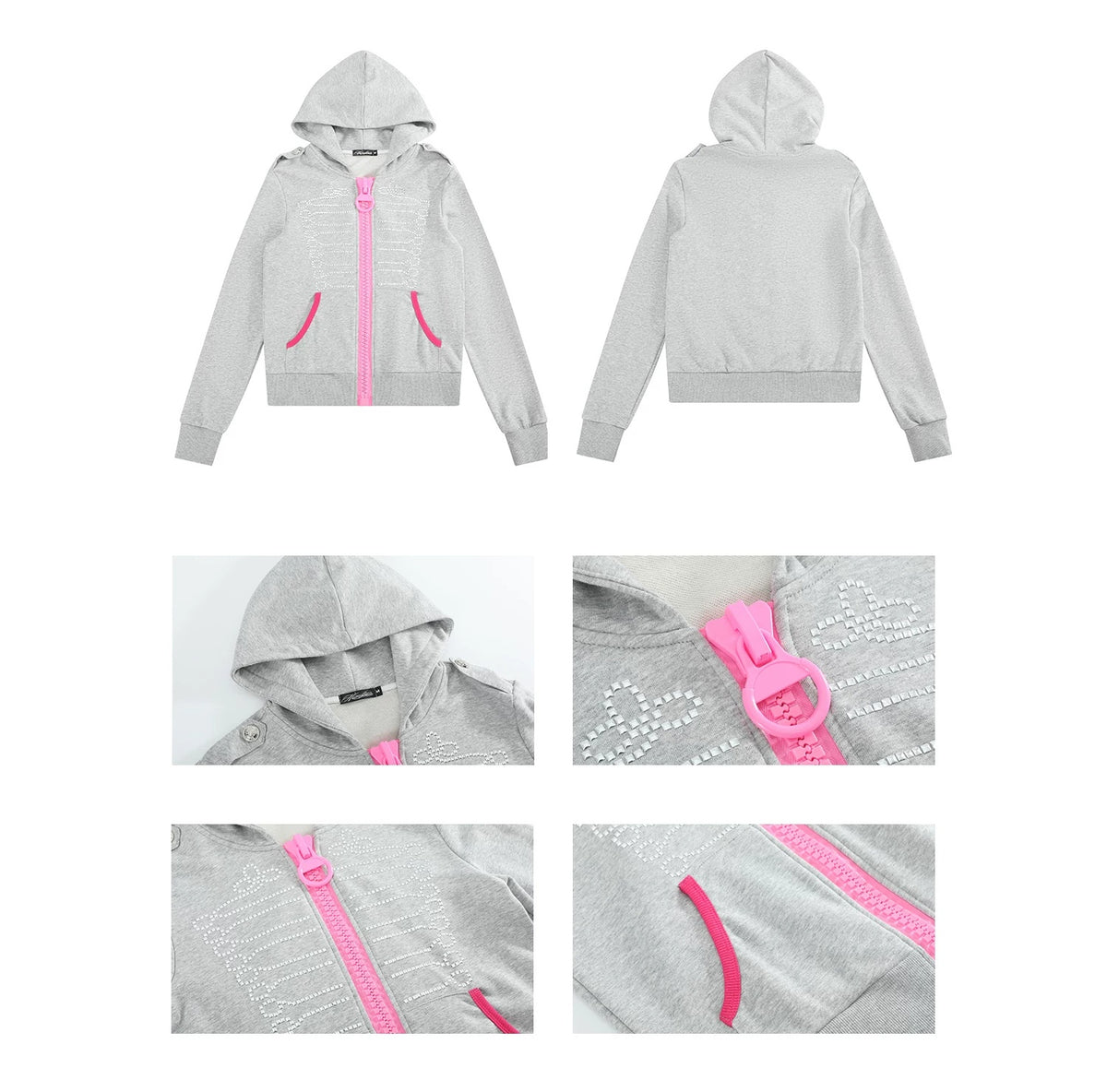 NumbAsia Studded Hussar Pink Jumbo Zip Hoodie - Heather Grey flat lay and details