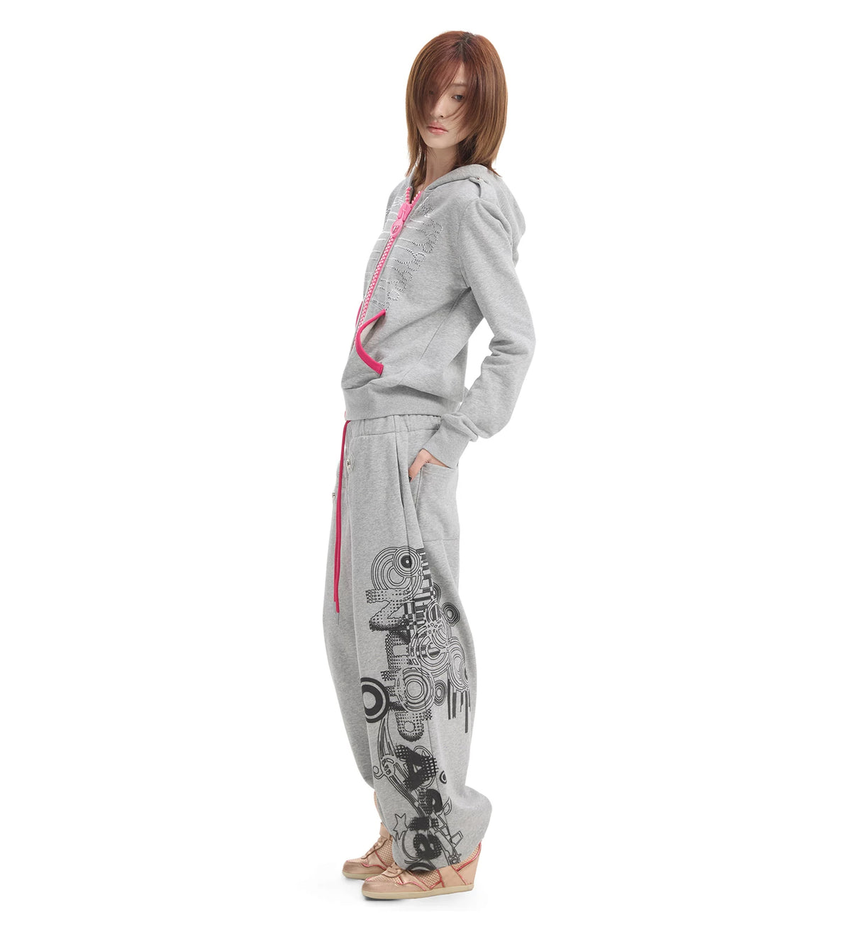 NumbAsia Studded Hussar Pink Jumbo Zip Hoodie - Heather Grey side view
