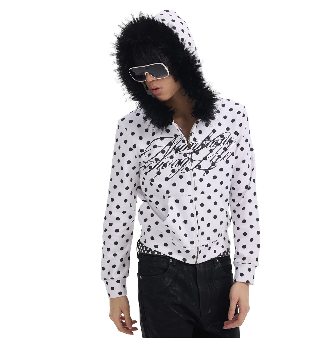 Polka Dot Faux Fur Trim Zip-Up Hoodie - view 10