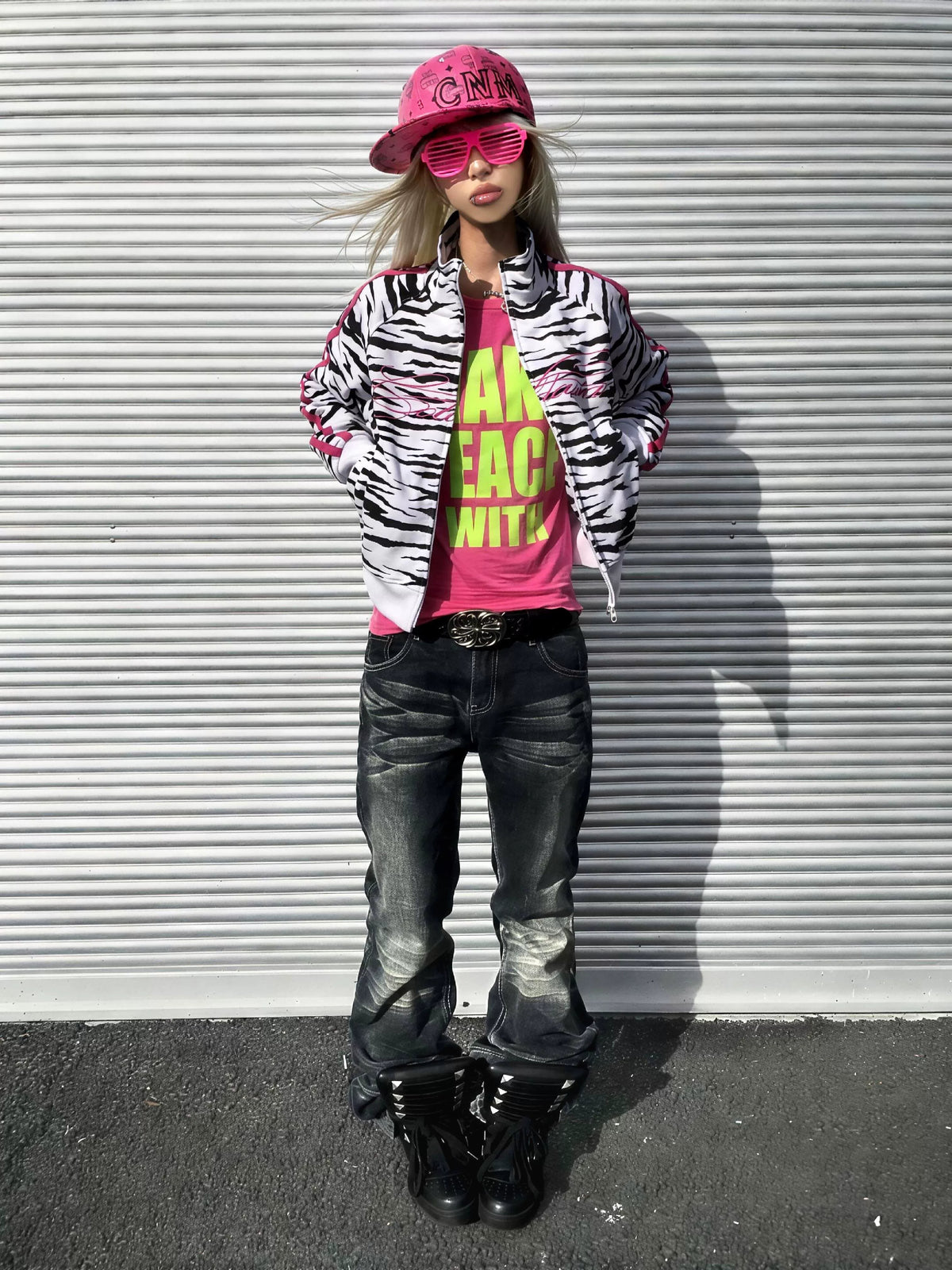 Zebra Print Script Logo Cropped Track Jacket - White Zebra front outfit