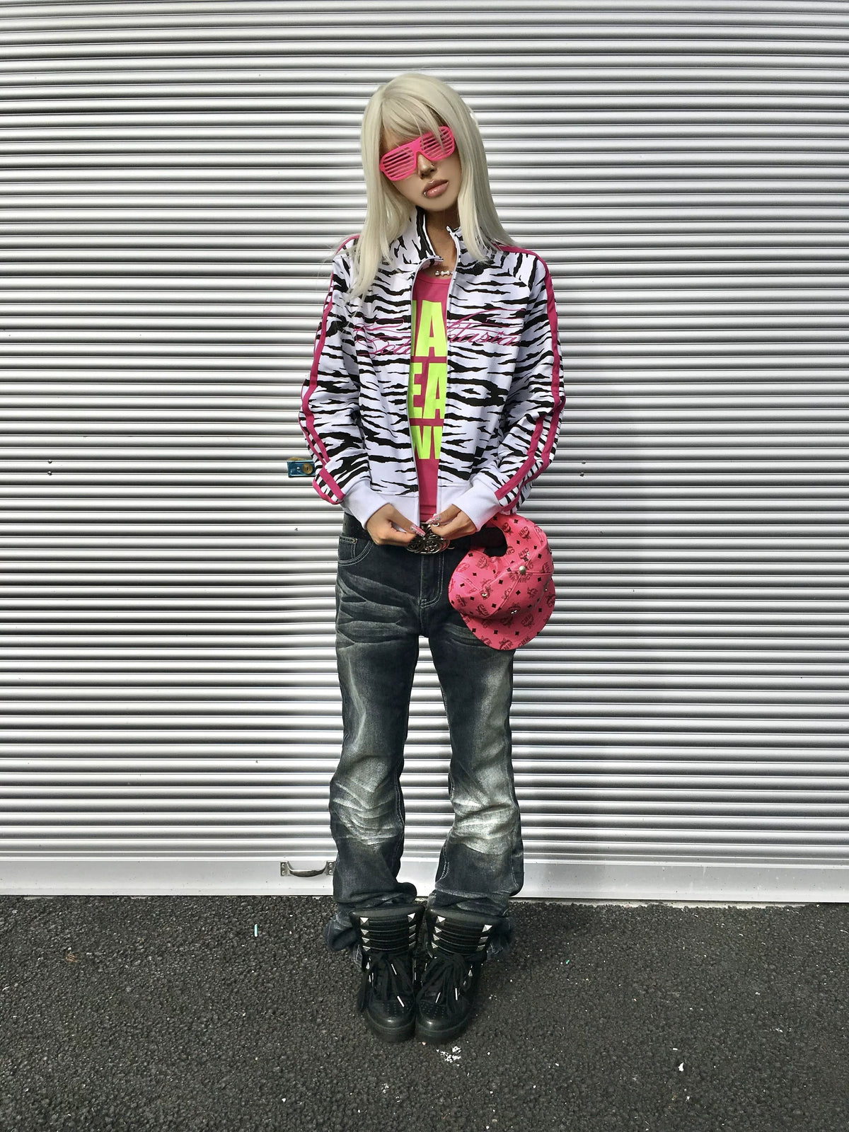 Zebra Print Script Logo Cropped Track Jacket - White Zebra side outfit