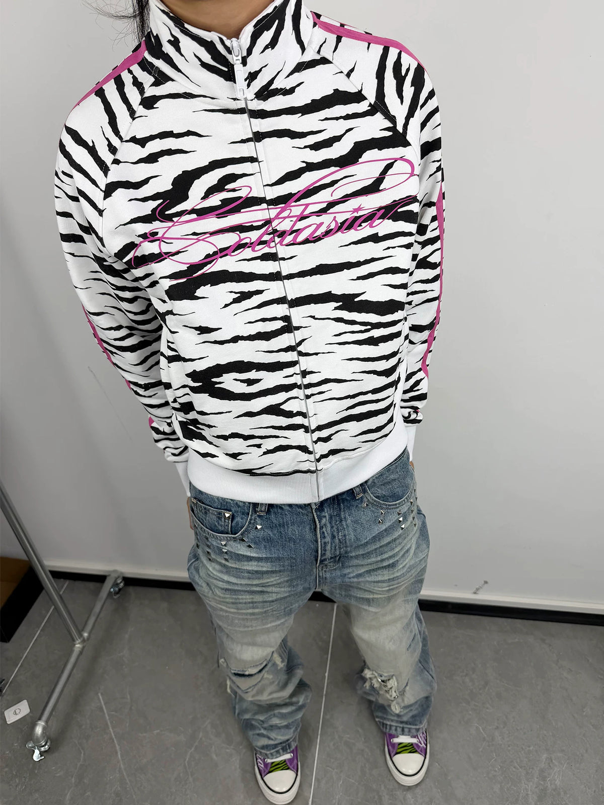 Zebra Print Script Logo Cropped Track Jacket - White Zebra front on model