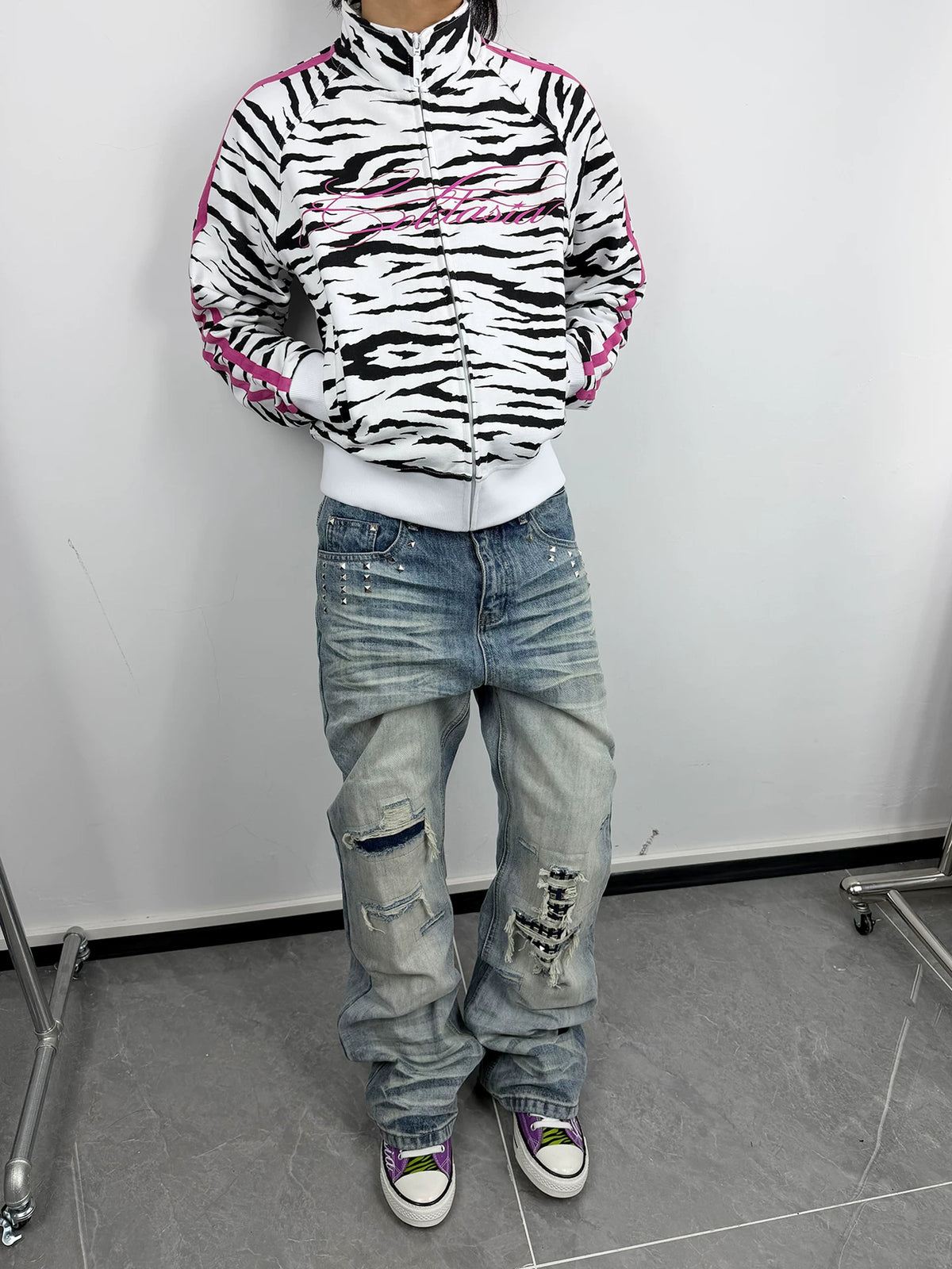 Zebra Print Script Logo Cropped Track Jacket - White Zebra zipped on model