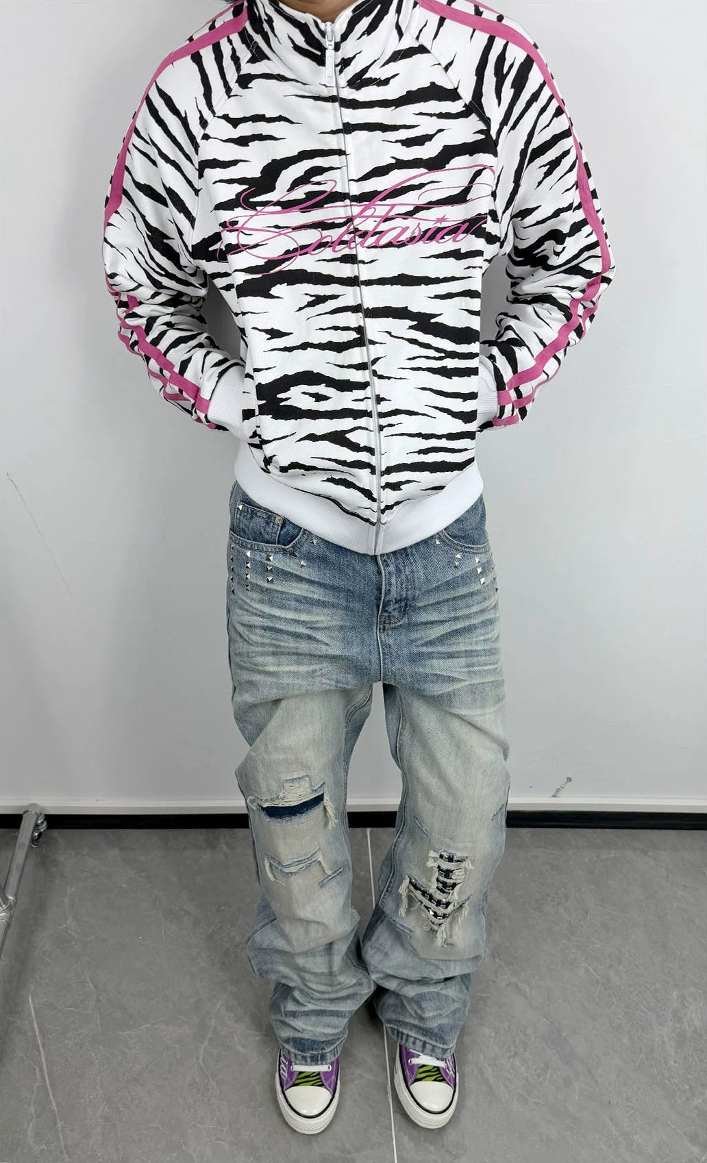 Zebra Print Script Logo Cropped Track Jacket - White Zebra front view