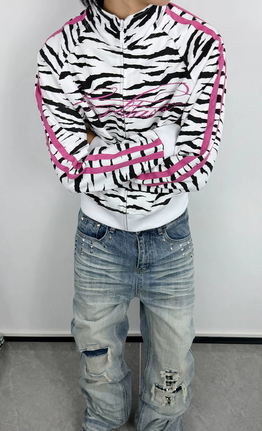 Zebra Print Script Logo Cropped Track Jacket - White Zebra arms crossed
