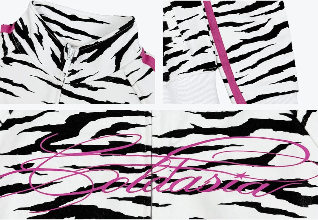 Zebra Print Script Logo Cropped Track Jacket - White Zebra collar, sleeve stripe and script print details