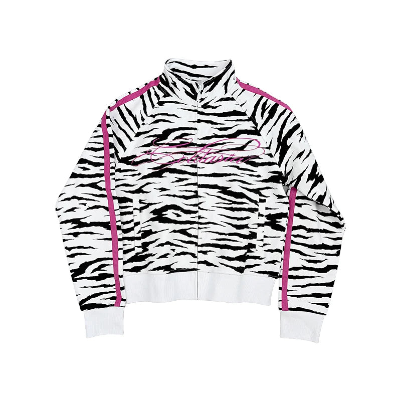 Zebra Print Script Logo Cropped Track Jacket - White Zebra flat lay