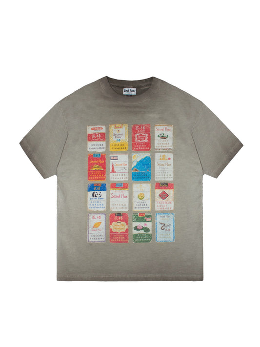 Vintage Label Print Heavyweight Oversized T-Shirt - Washed Brown flat lay