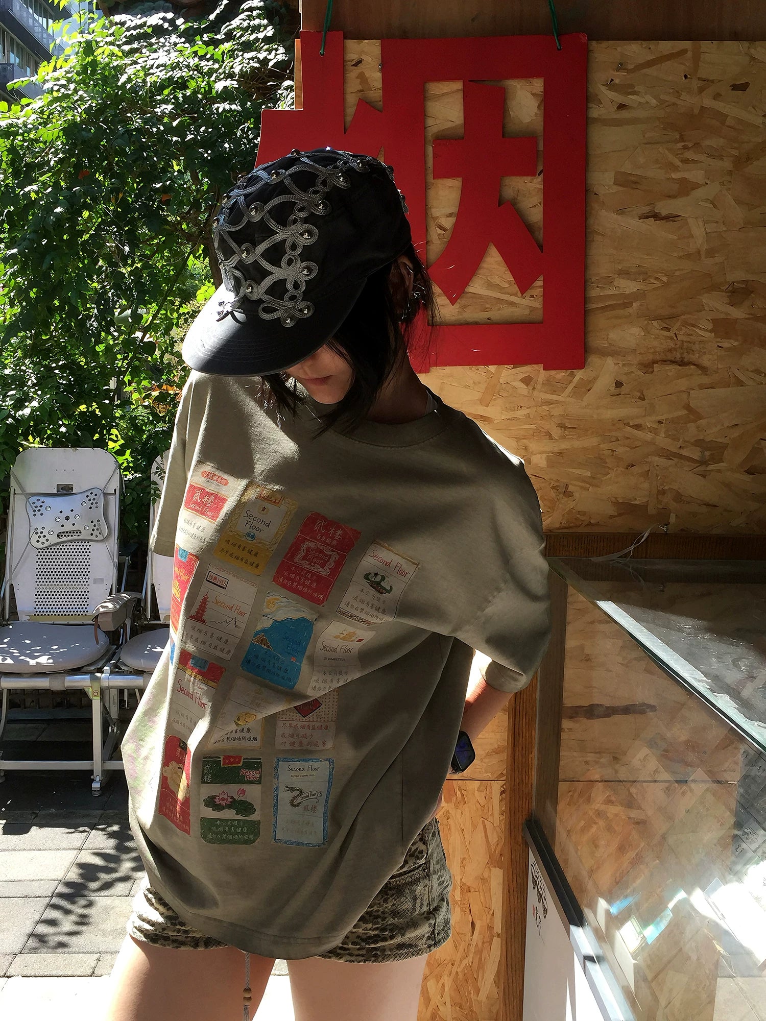 Vintage Label Print Heavyweight Oversized T-Shirt - Washed Brown model front