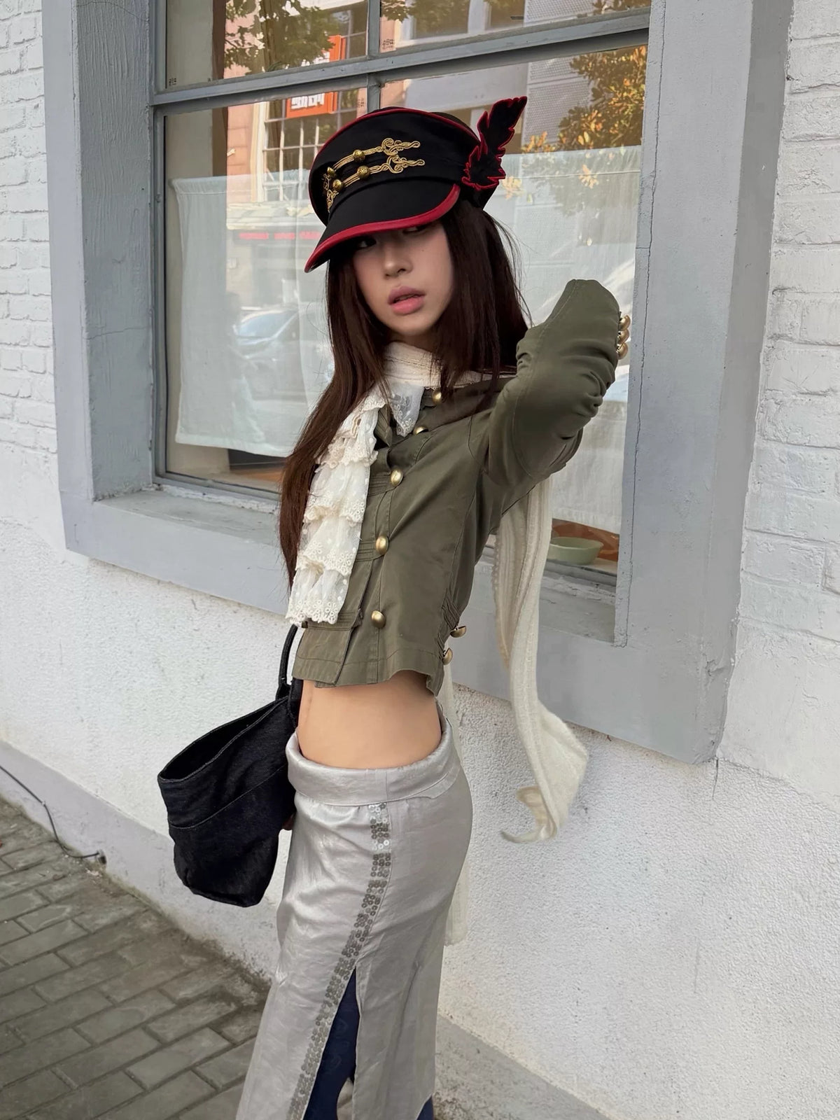 Feather Wing Napoleon Knot Military Cap - Black Red outfit
