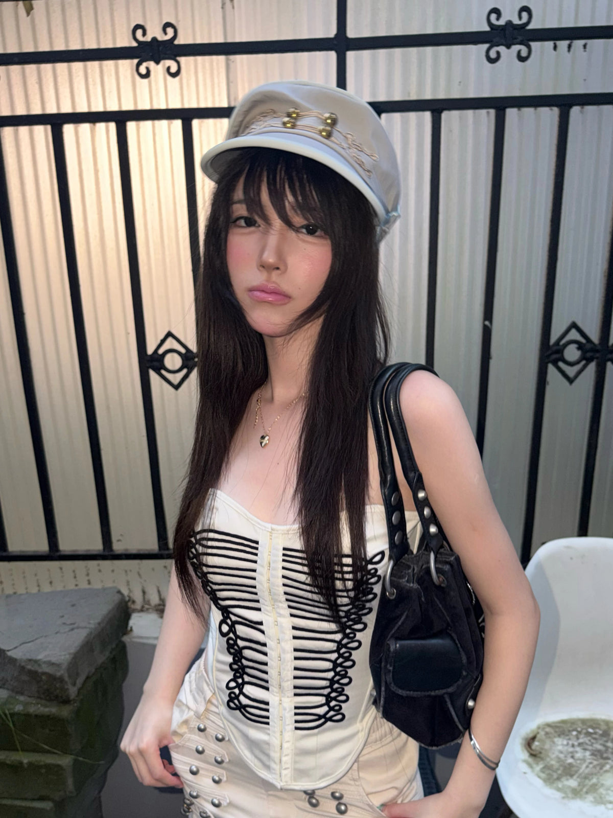 Feather Wing Napoleon Knot Military Cap - Grey Blue street style