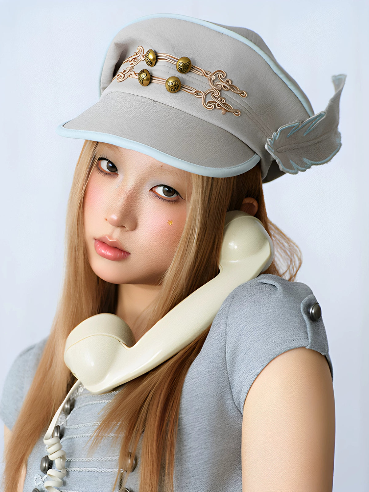 Feather Wing Napoleon Knot Military Cap - Grey Blue side