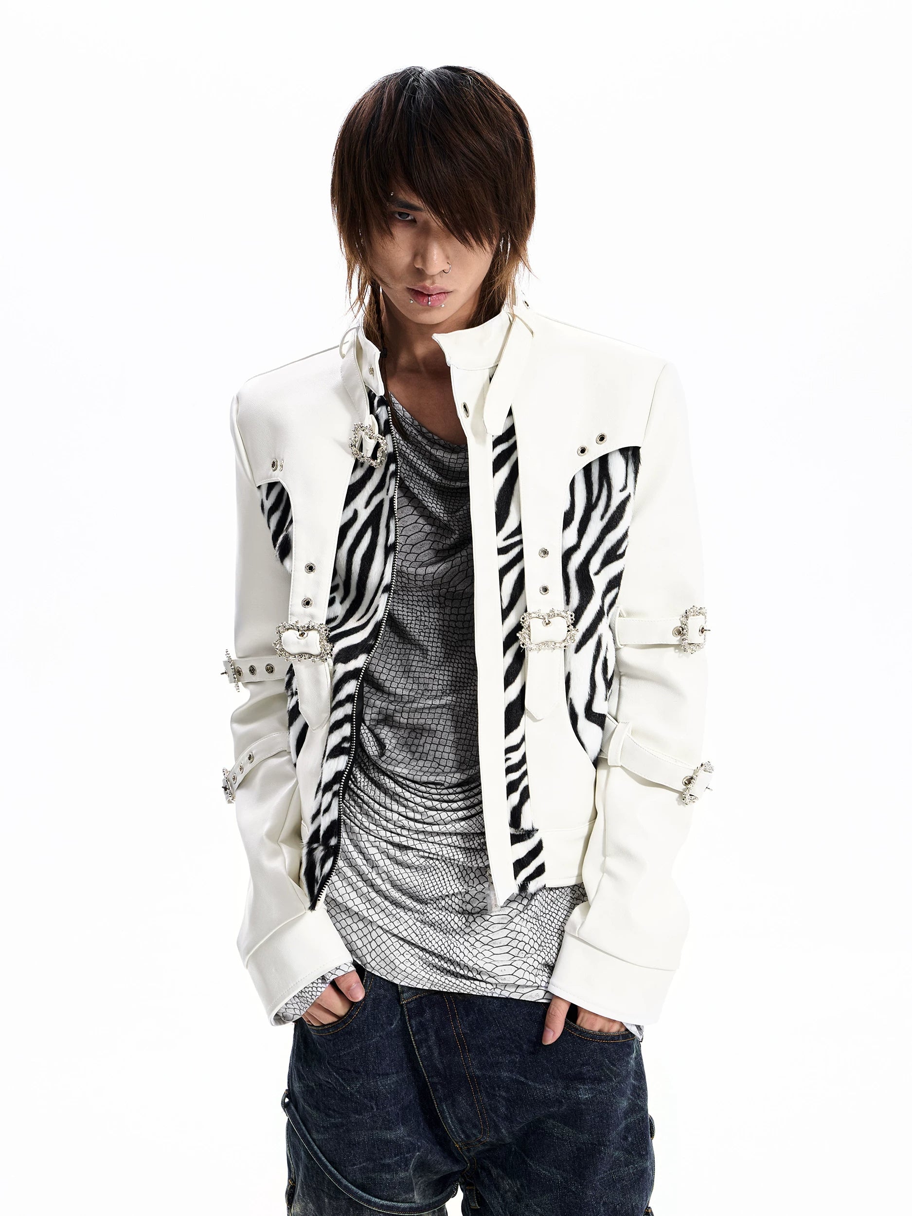 Zebra Faux Fur Panel Buckle Faux Leather Jacket - view 2