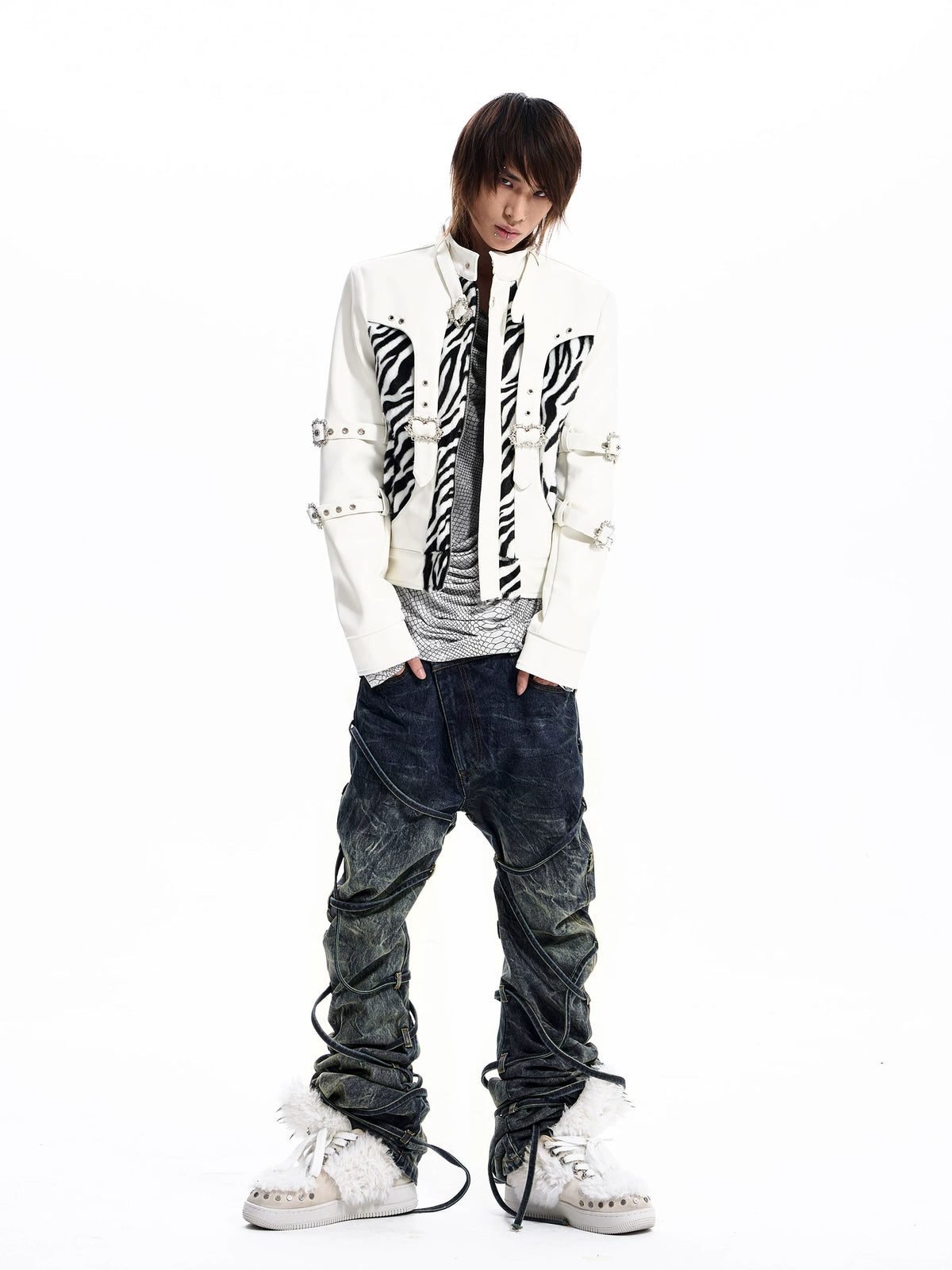 Zebra Faux Fur Panel Buckle Faux Leather Jacket - view 4