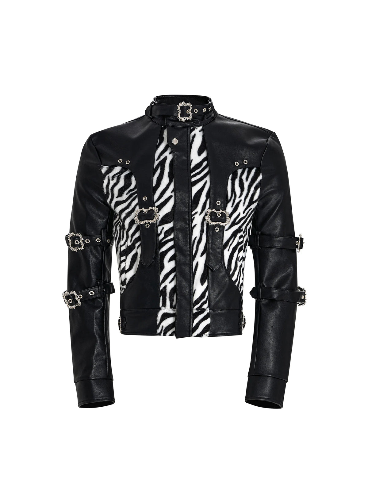 Zebra Faux Fur Panel Buckle Faux Leather Jacket - view 5