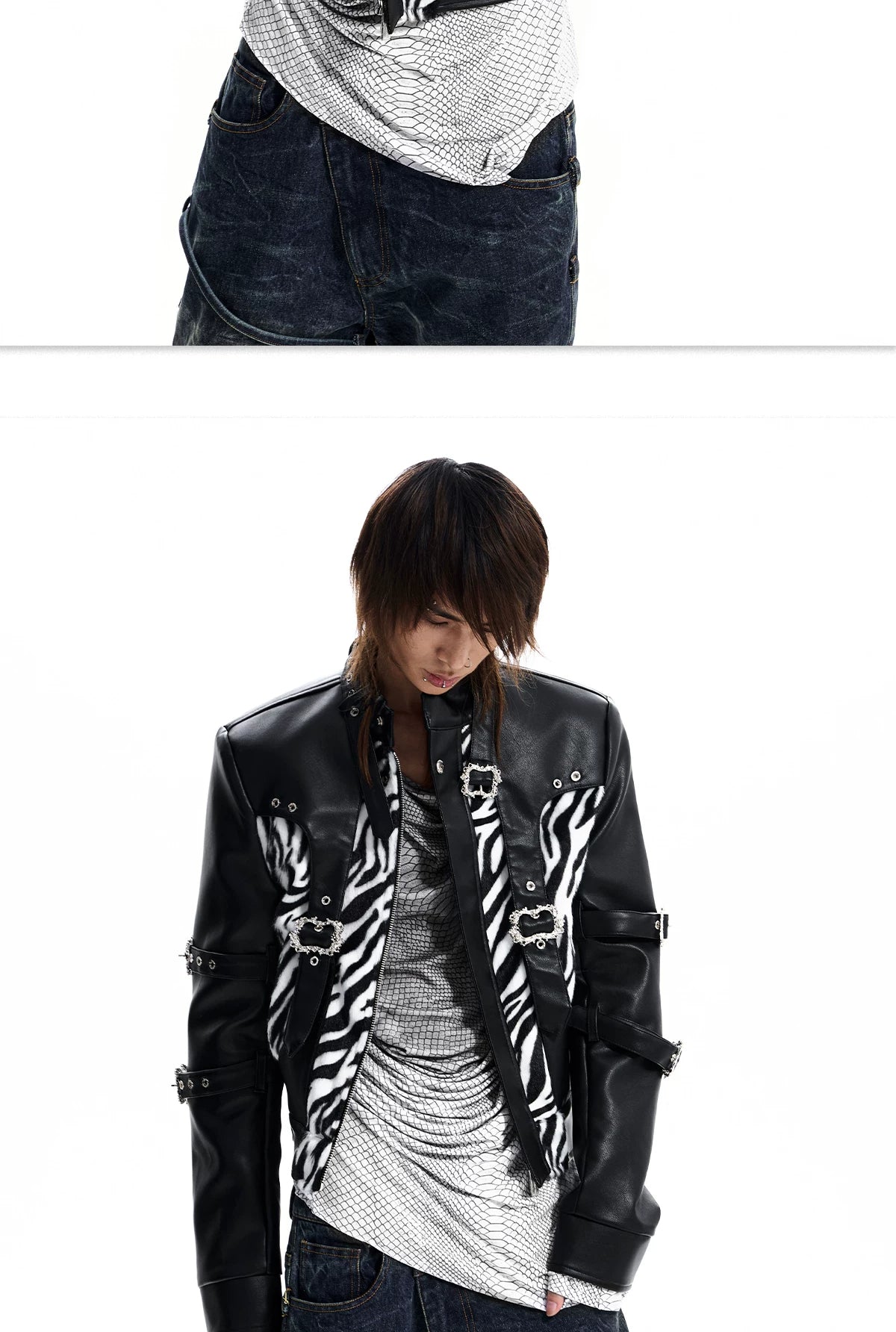 Zebra Faux Fur Panel Buckle Faux Leather Jacket - view 22