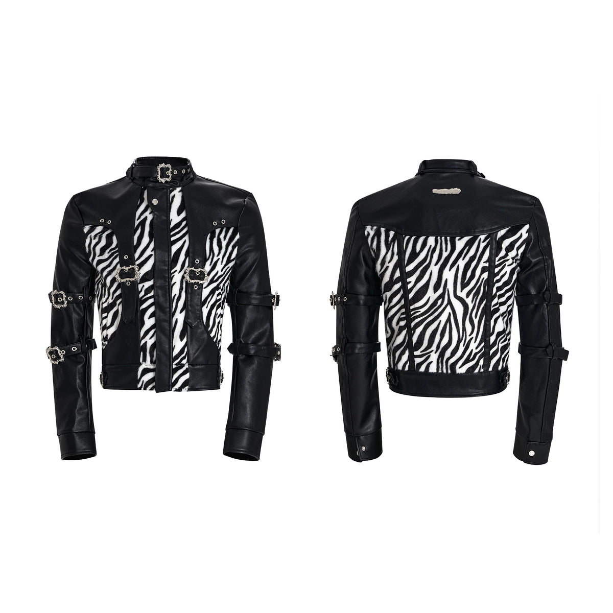 Zebra Faux Fur Panel Buckle Faux Leather Jacket - view 30