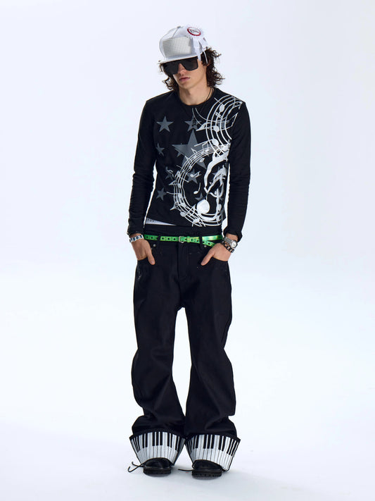 Glitter Music Note Star Long Sleeve Tee - Black front model full look