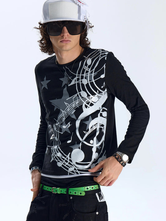 Glitter Music Note Star Long Sleeve Tee - Black front model close-up