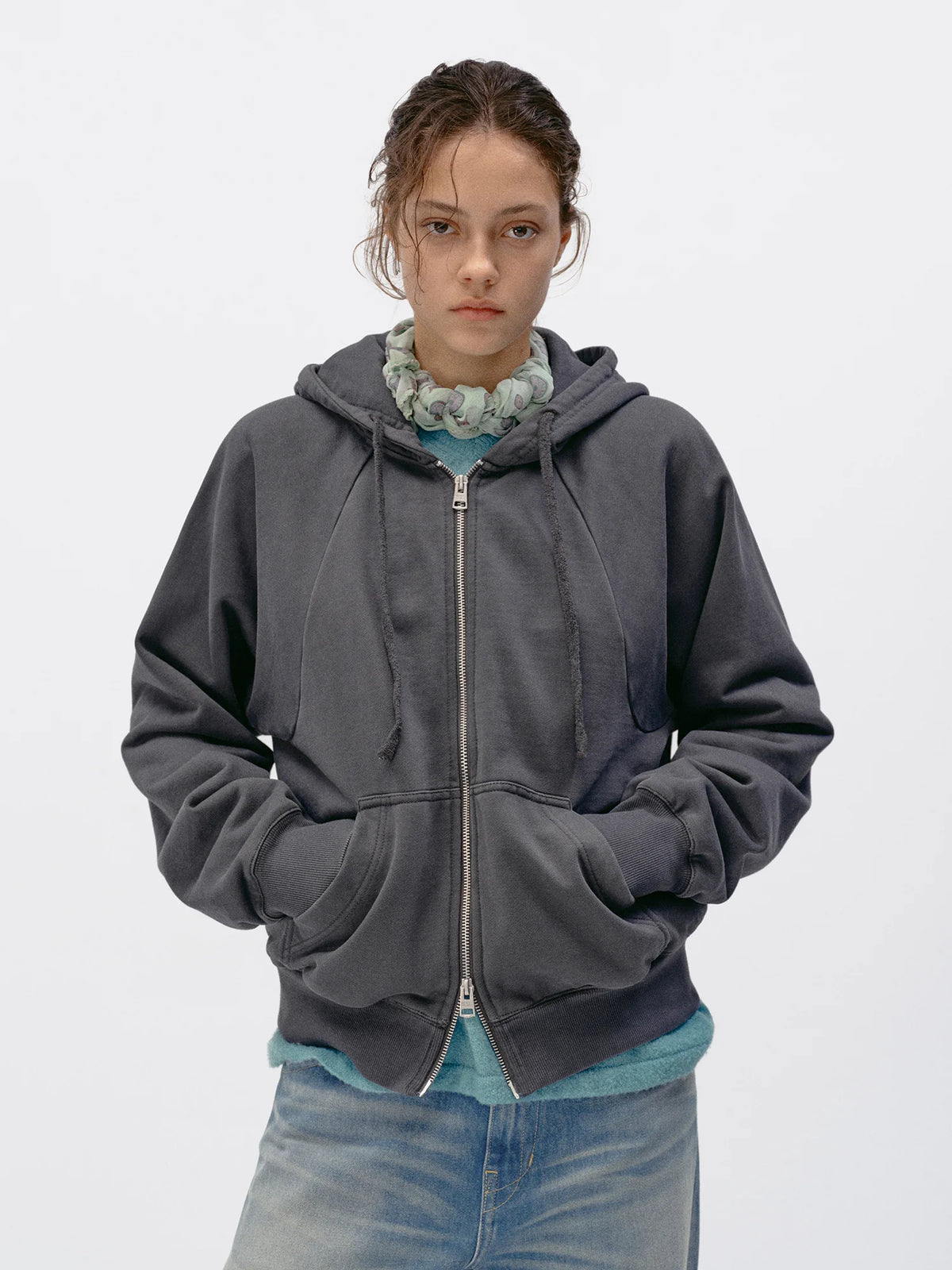 Simple Project Washed Overdyed Raglan Zip-Up Hoodie - Washed Gray front