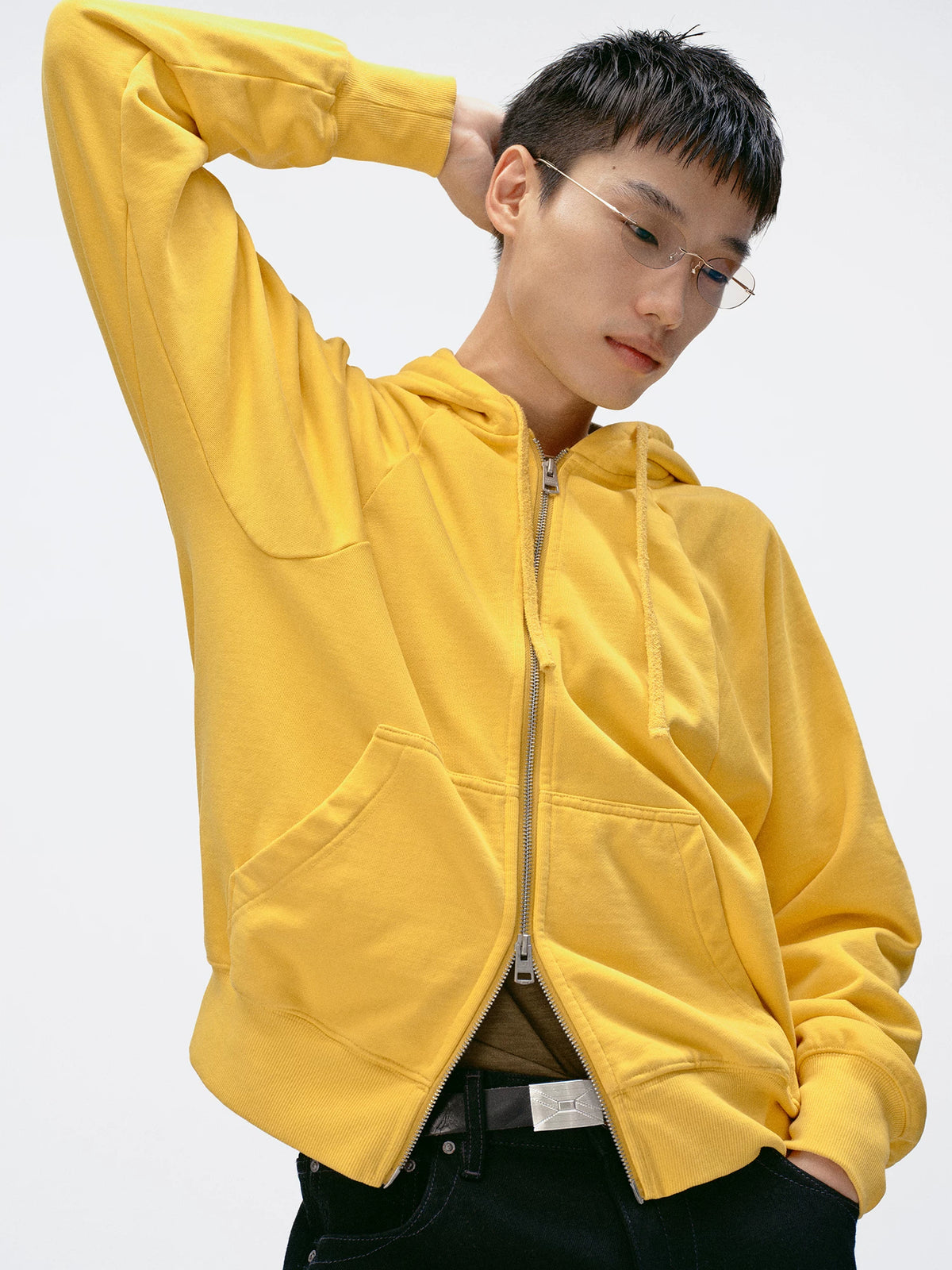 Simple Project Washed Overdyed Raglan Zip-Up Hoodie - Washed Yellow on model
