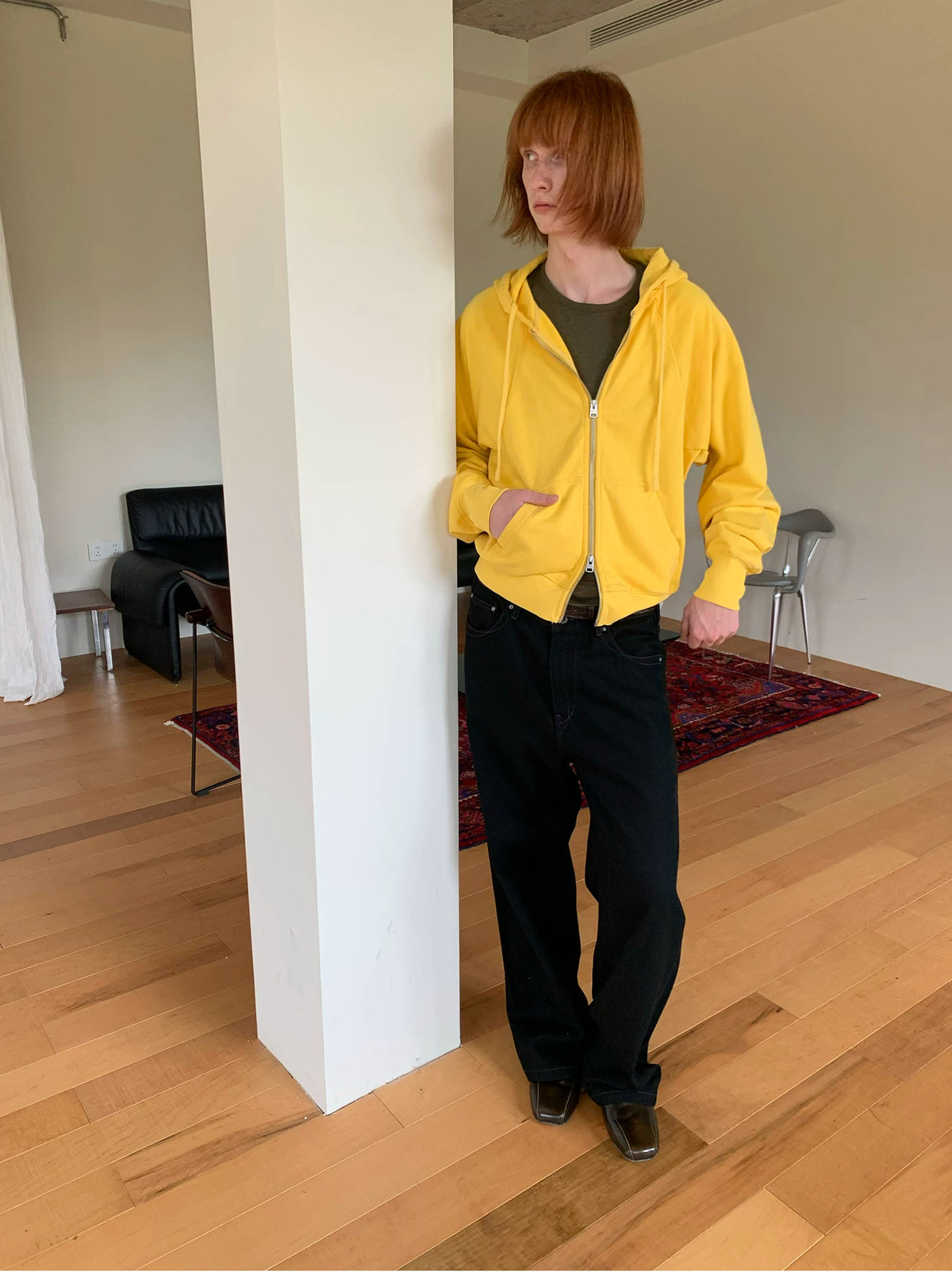 Simple Project Washed Overdyed Raglan Zip-Up Hoodie - Washed Yellow side