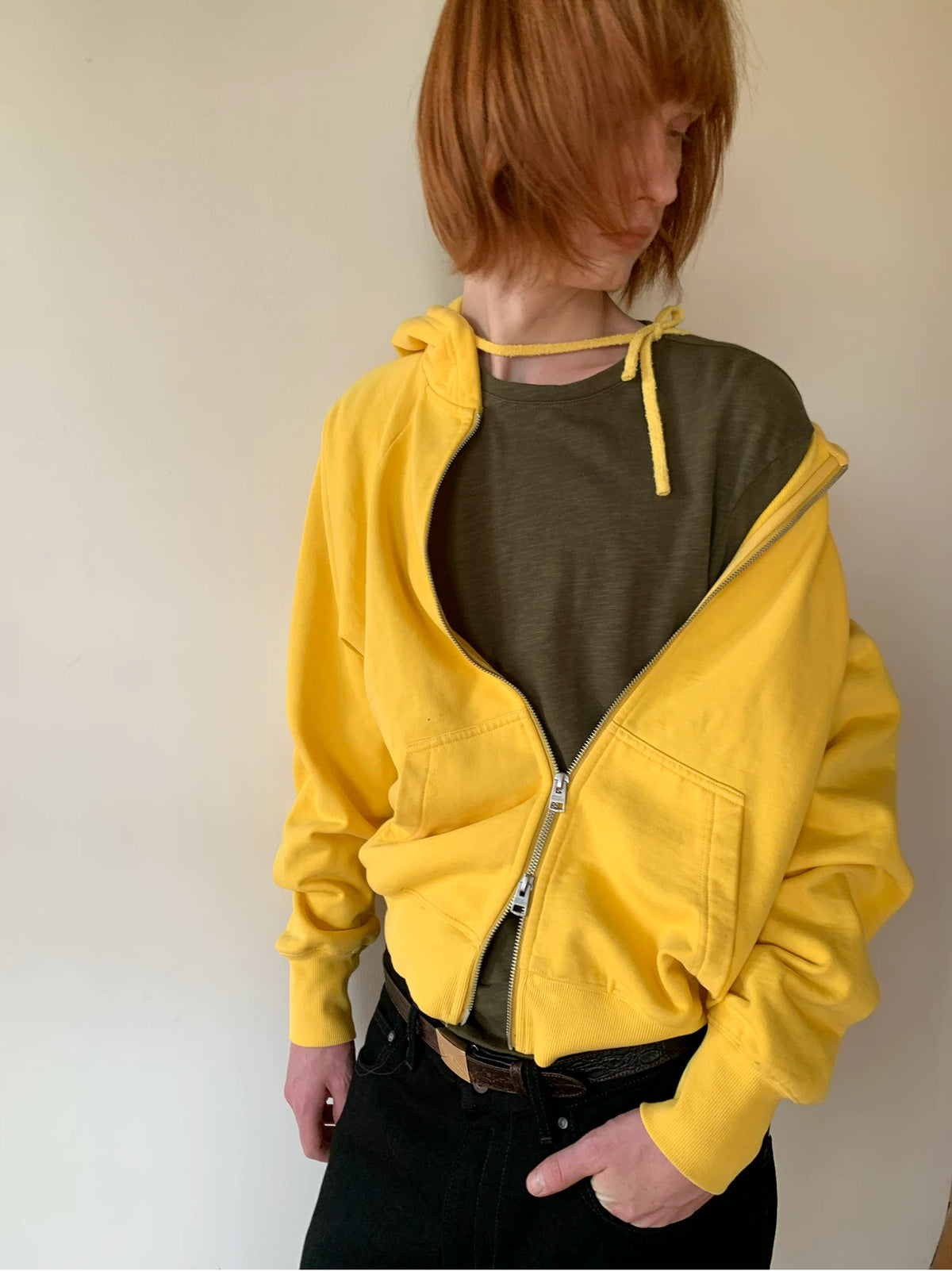 Simple Project Washed Overdyed Raglan Zip-Up Hoodie - Washed Yellow open zip