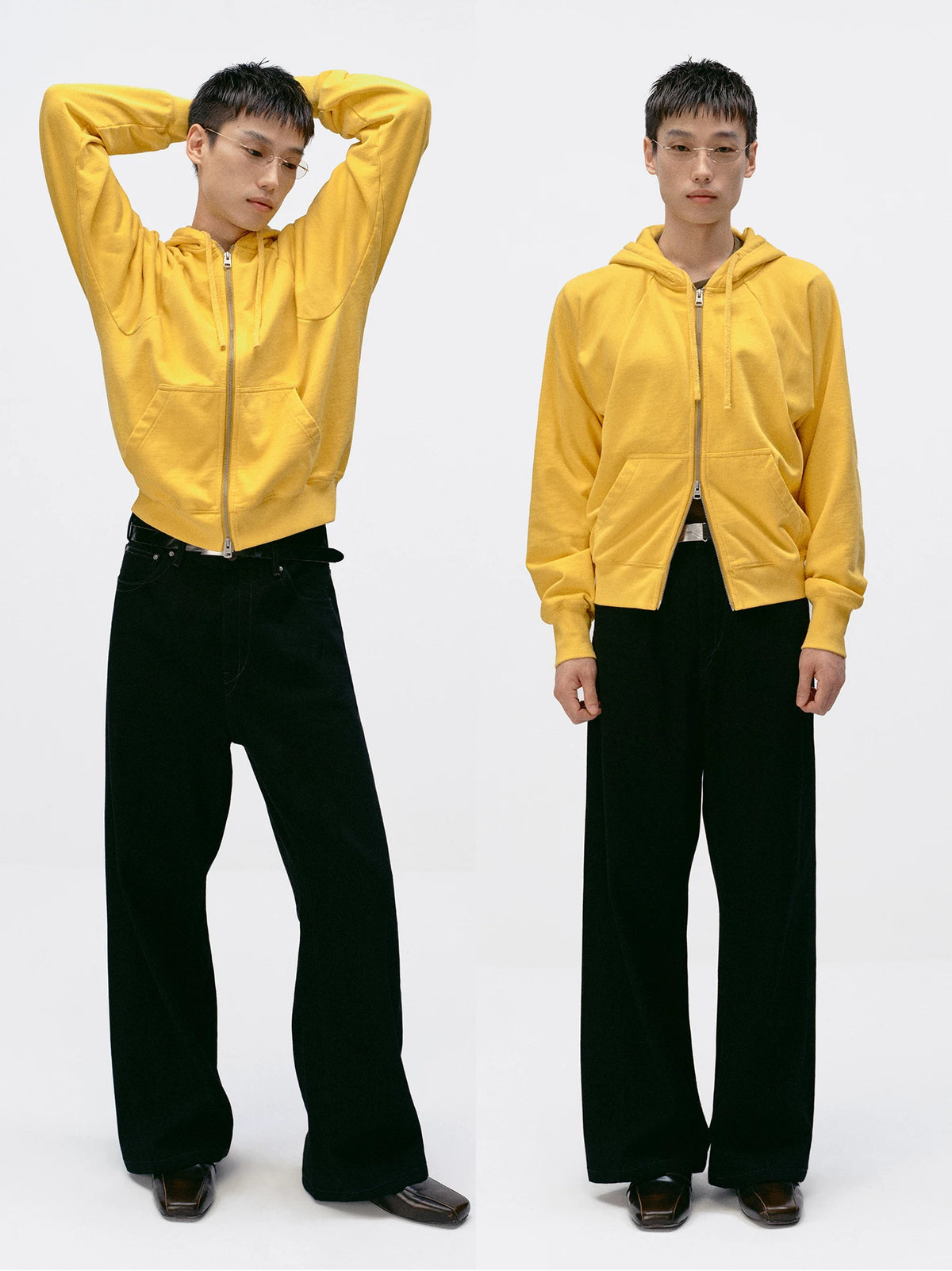Simple Project Washed Overdyed Raglan Zip-Up Hoodie - Washed Yellow front and side