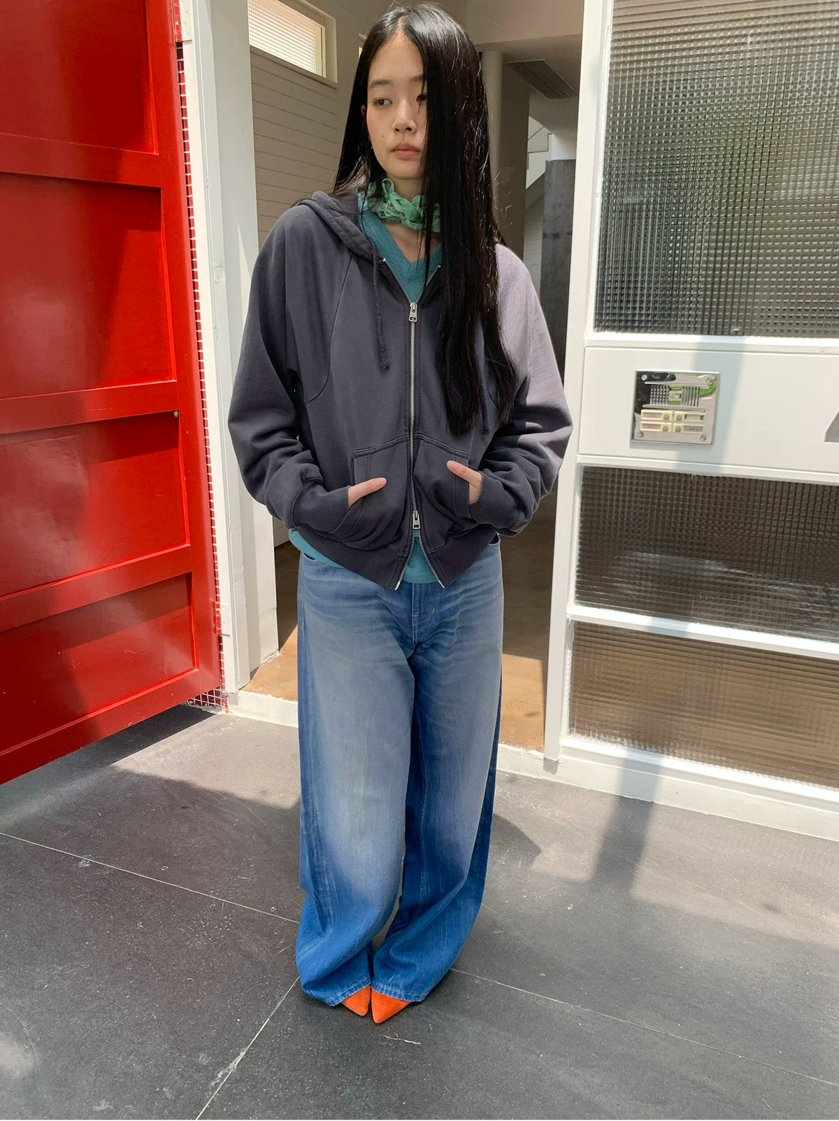 Simple Project Washed Overdyed Raglan Zip-Up Hoodie - Washed Gray street look