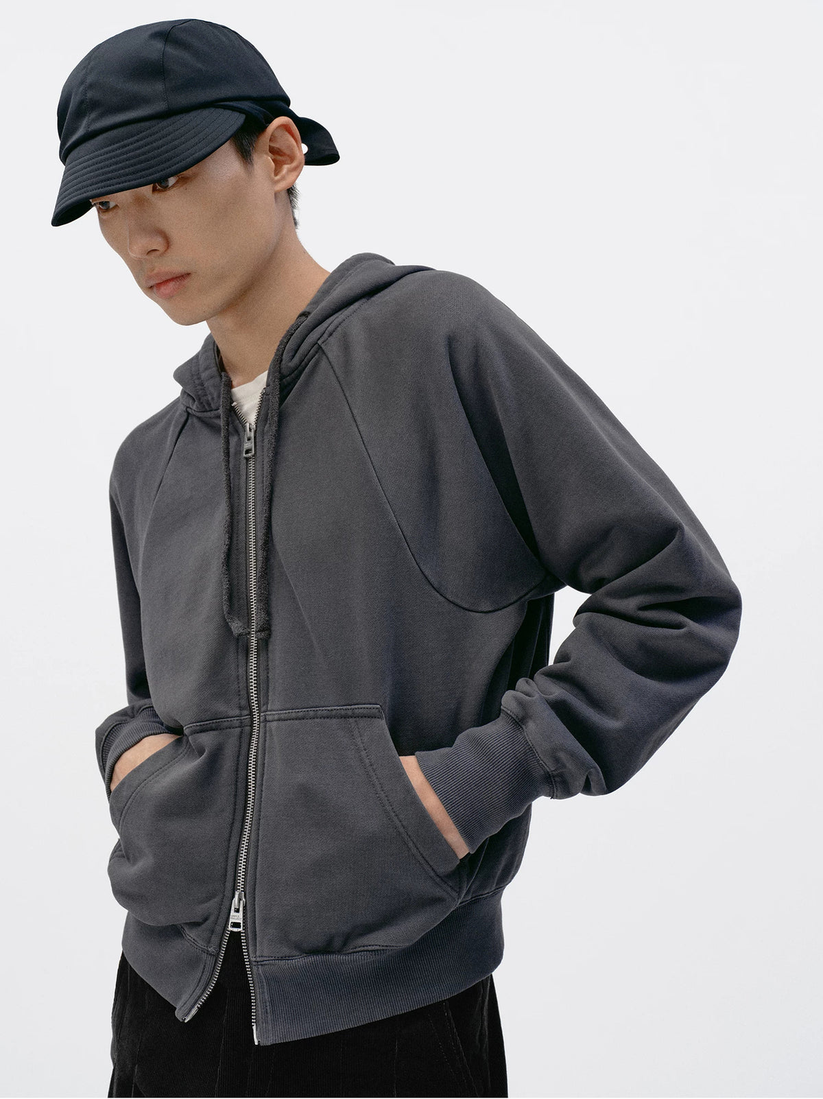 Simple Project Washed Overdyed Raglan Zip-Up Hoodie - Washed Gray with cap
