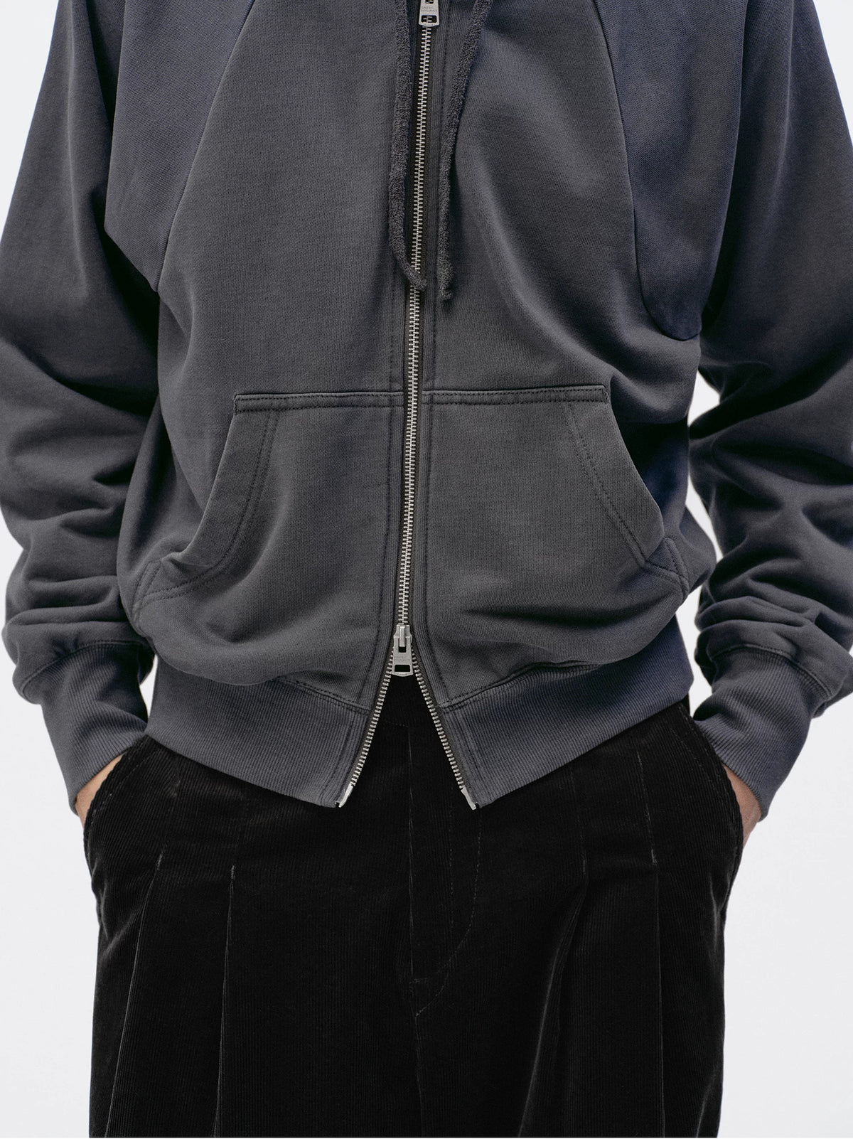 Simple Project Washed Overdyed Raglan Zip-Up Hoodie - Washed Gray zip detail